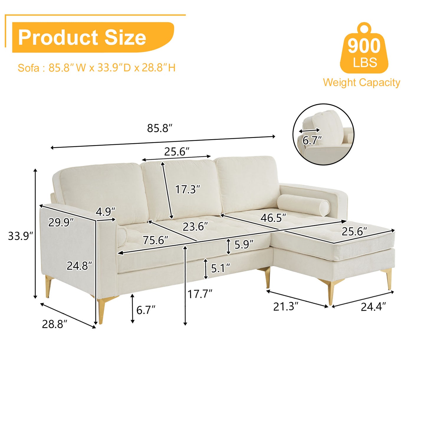 218*141*87cm 3-Seater With Footstool Chenille Rhombus Electroplated Golden Tripod Legs Indoor Modular Sofa Beige