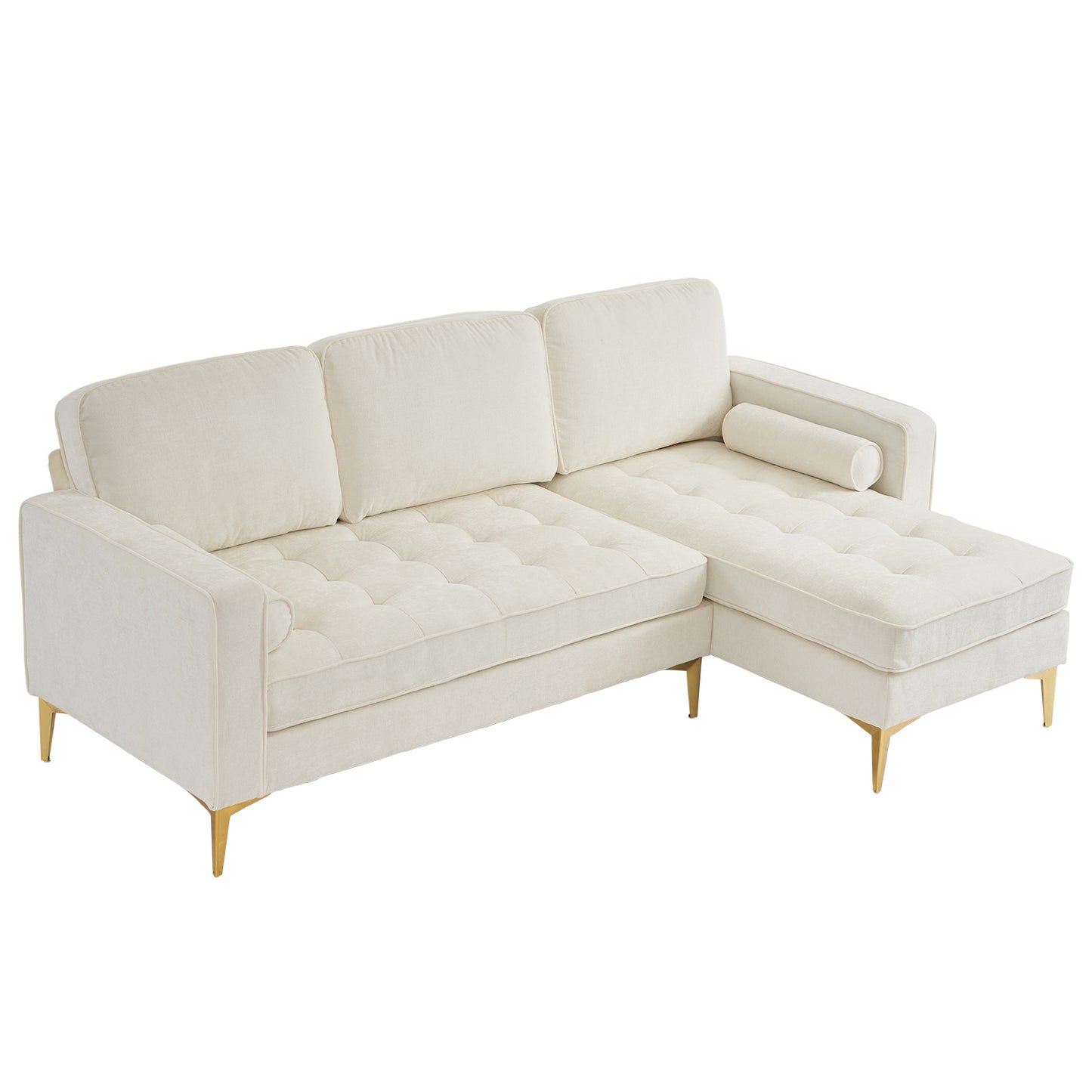 218*141*87cm 3-Seater With Footstool Chenille Rhombus Electroplated Golden Tripod Legs Indoor Modular Sofa Beige