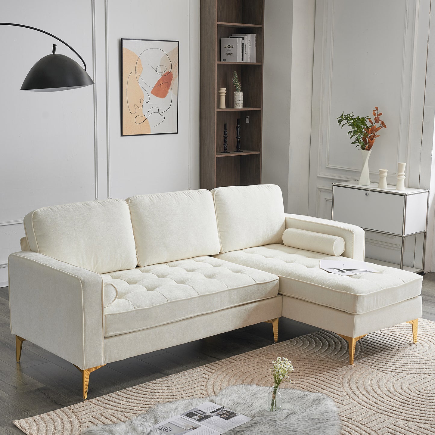218*141*87cm 3-Seater With Footstool Chenille Rhombus Electroplated Golden Tripod Legs Indoor Modular Sofa Beige