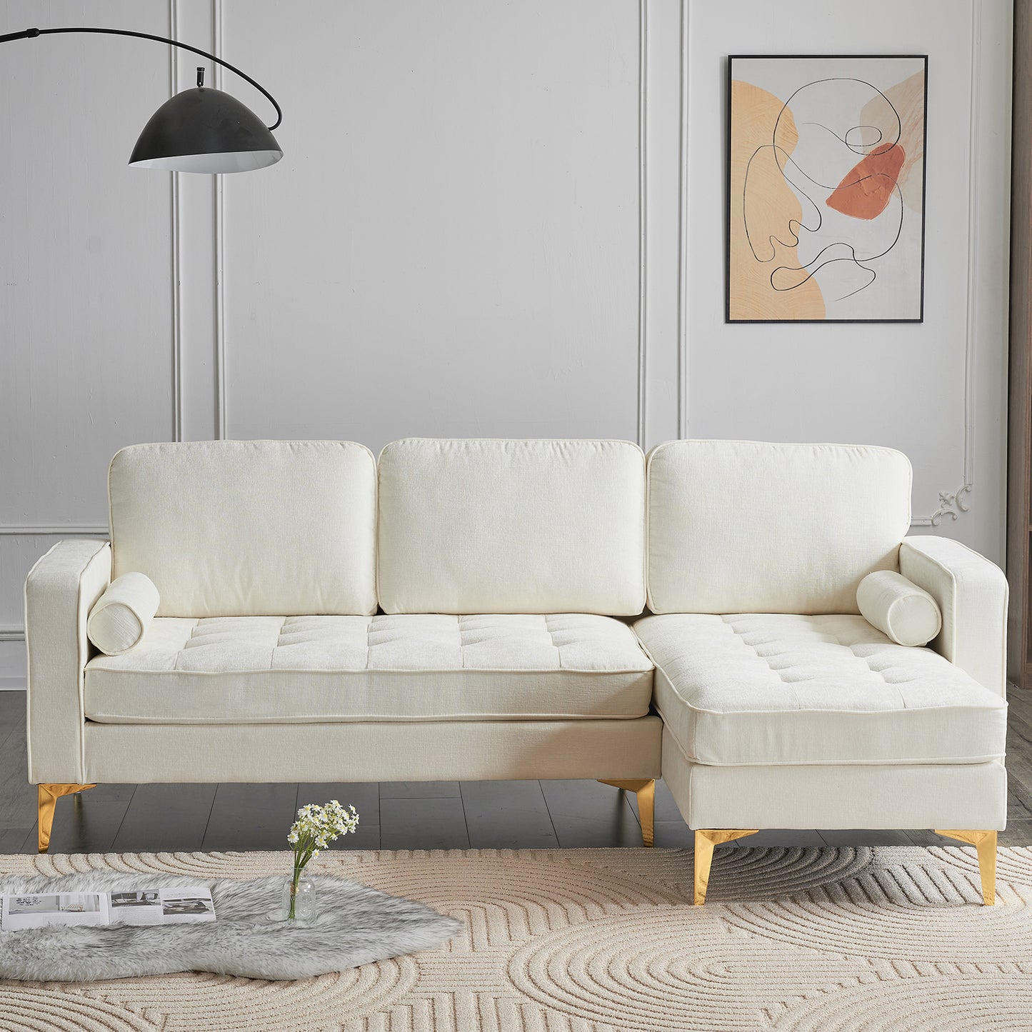 218*141*87cm 3-Seater With Footstool Chenille Rhombus Electroplated Golden Tripod Legs Indoor Modular Sofa Beige