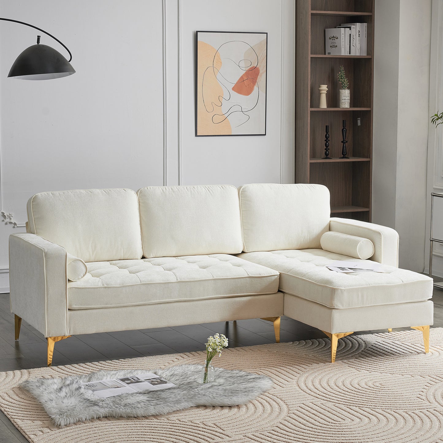 218*141*87cm 3-Seater With Footstool Chenille Rhombus Electroplated Golden Tripod Legs Indoor Modular Sofa Beige