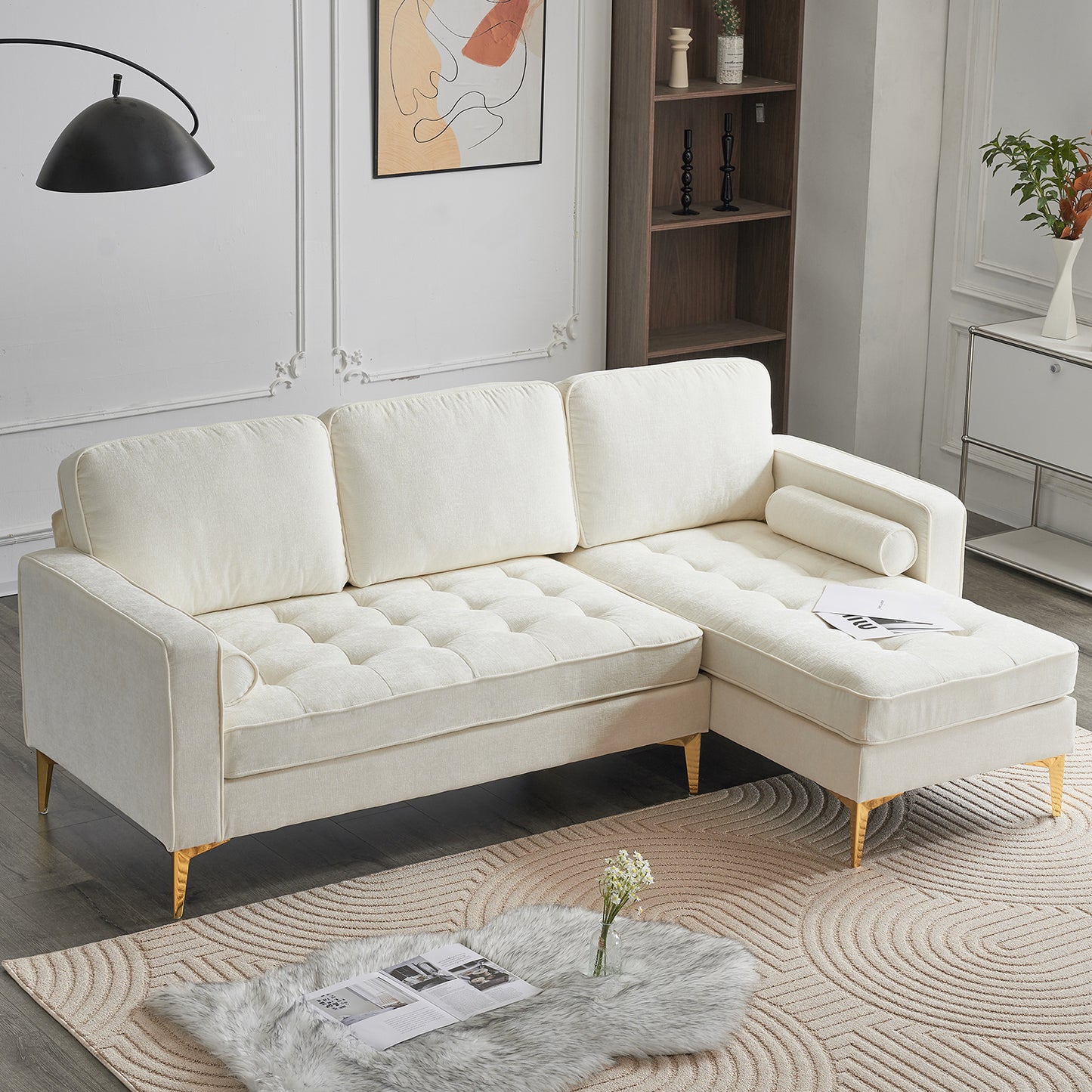 218*141*87cm 3-Seater With Footstool Chenille Rhombus Electroplated Golden Tripod Legs Indoor Modular Sofa Beige
