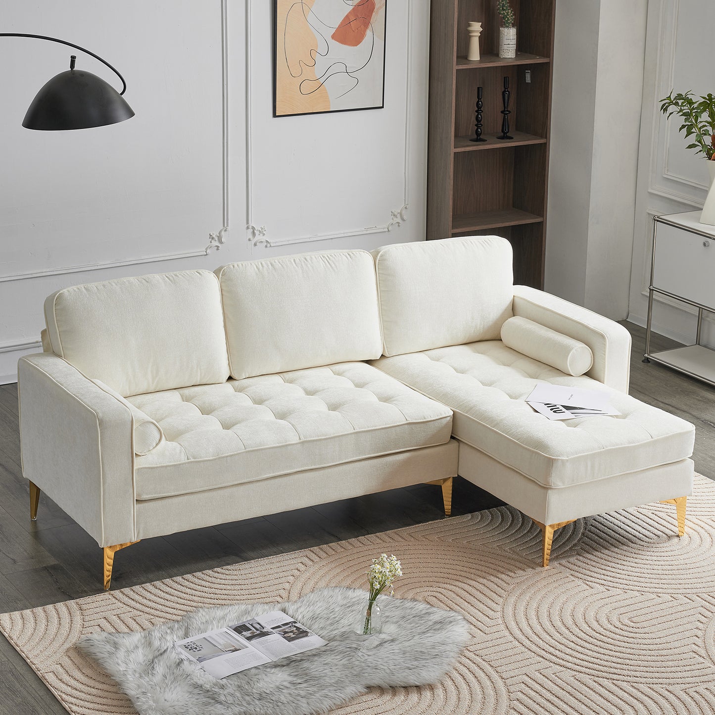 218*141*87cm 3-Seater With Footstool Chenille Rhombus Electroplated Golden Tripod Legs Indoor Modular Sofa Beige