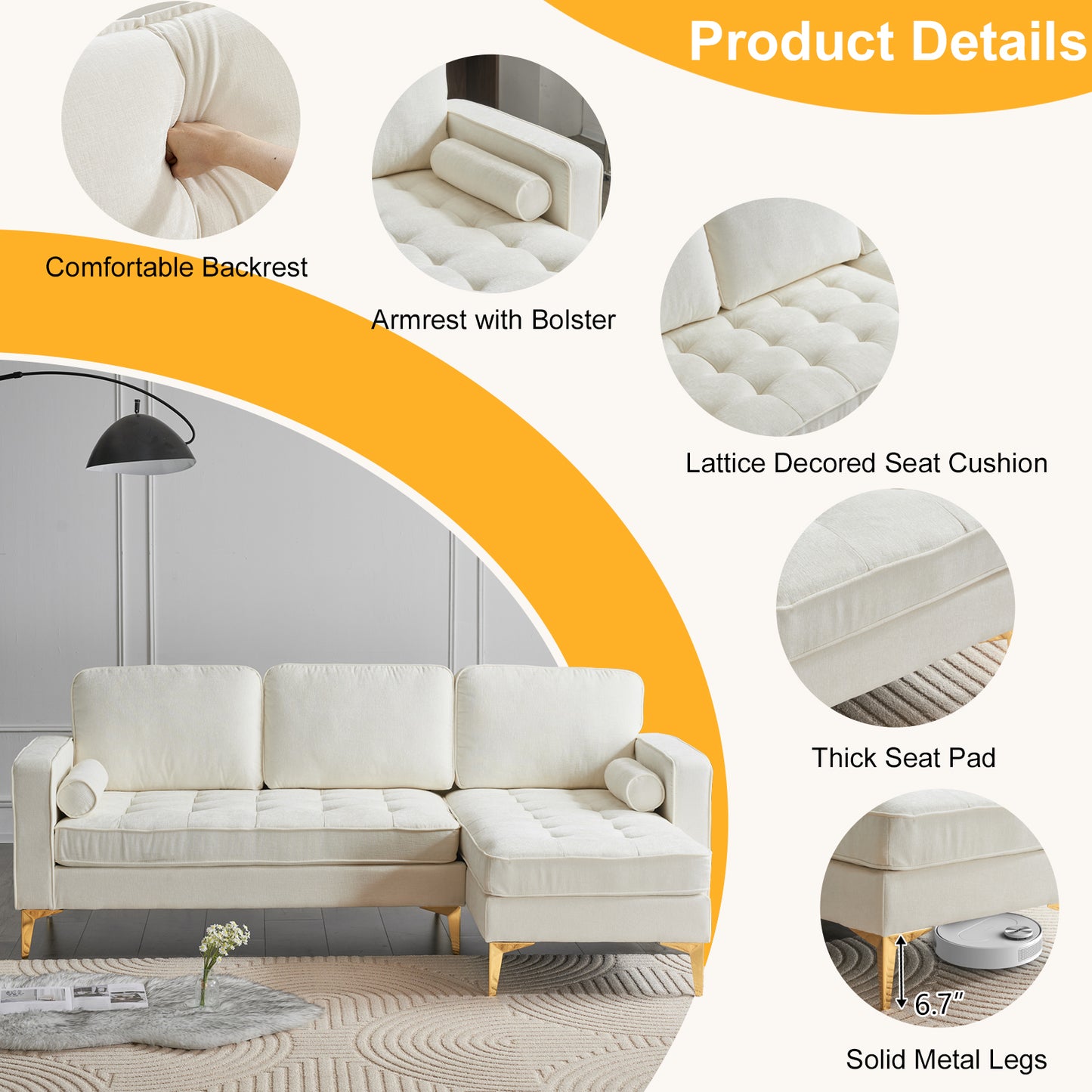 218*141*87cm 3-Seater With Footstool Chenille Rhombus Electroplated Golden Tripod Legs Indoor Modular Sofa Beige
