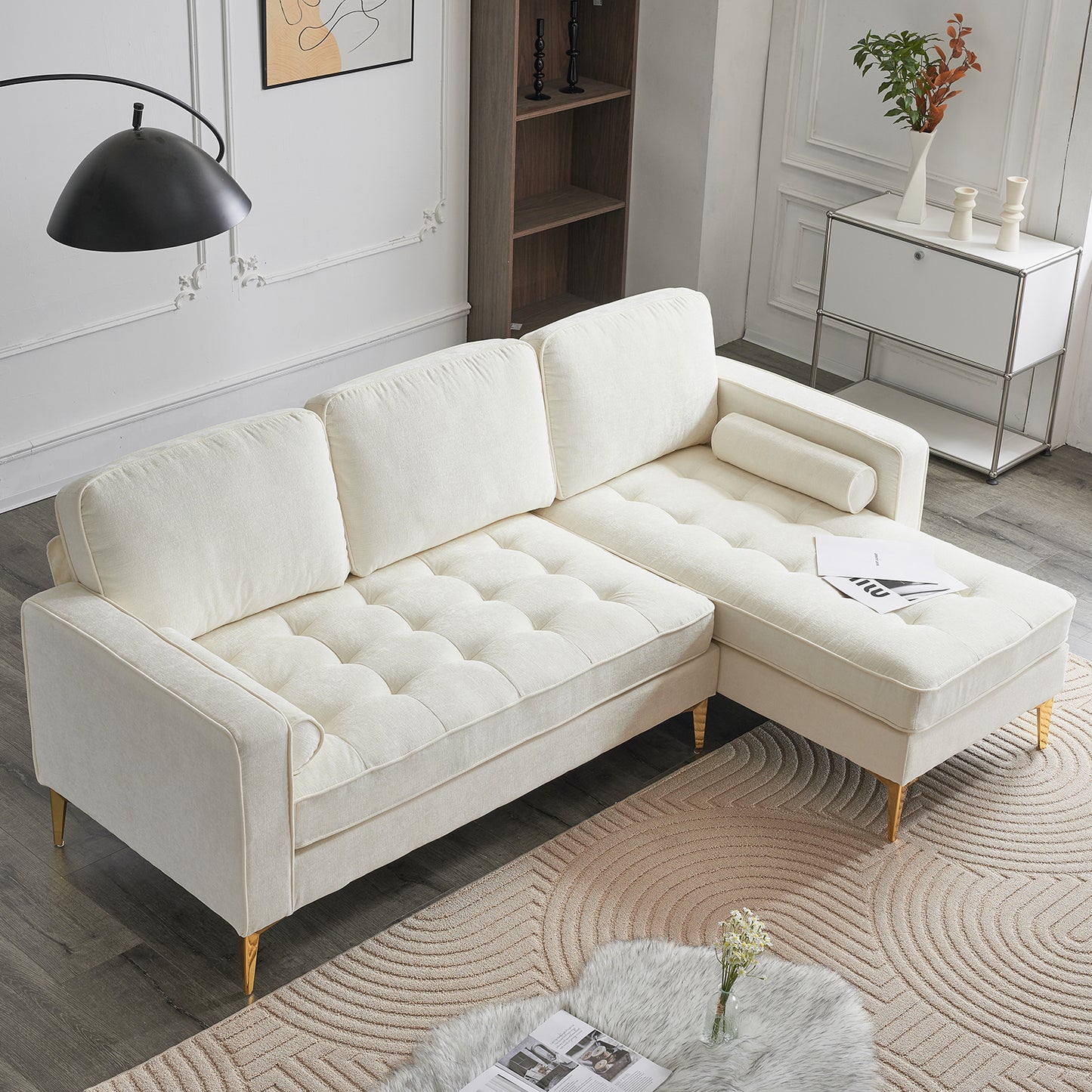 218*141*87cm 3-Seater With Footstool Chenille Rhombus Electroplated Golden Tripod Legs Indoor Modular Sofa Beige