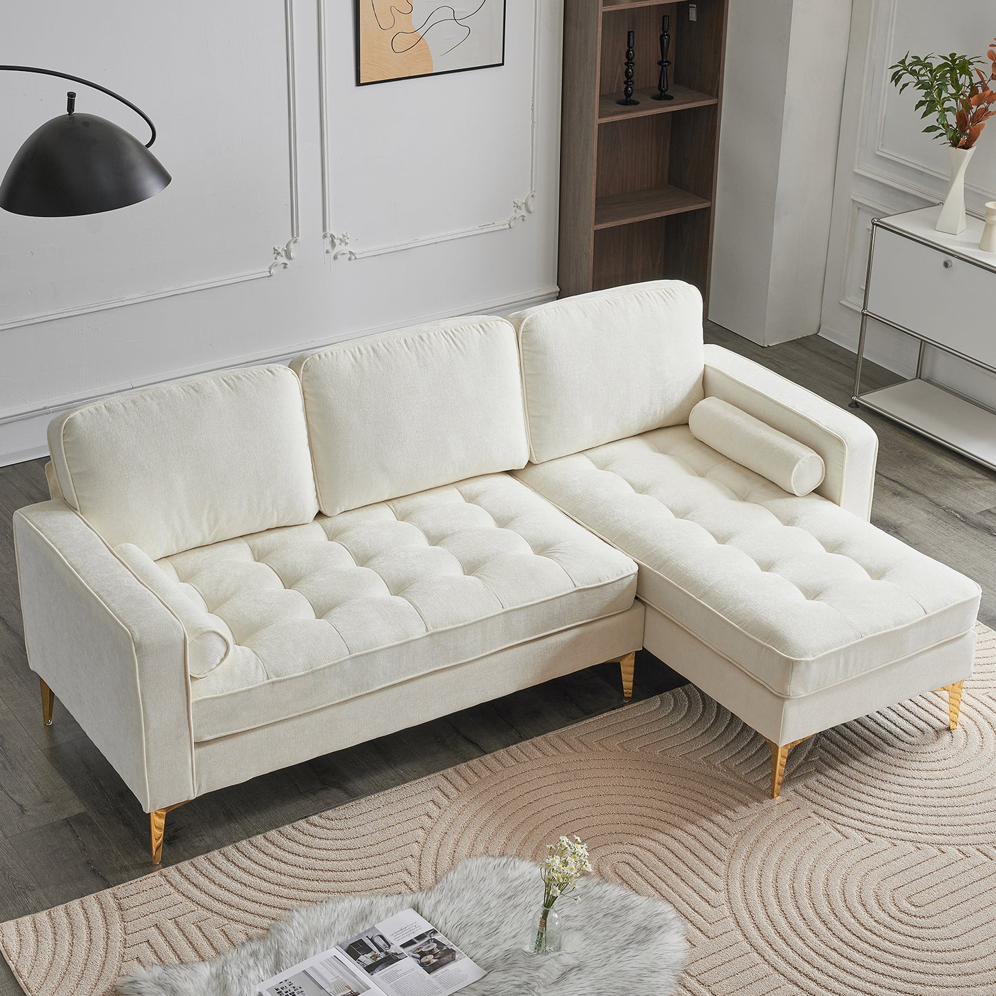 218*141*87cm 3-Seater With Footstool Chenille Rhombus Electroplated Golden Tripod Legs Indoor Modular Sofa Beige