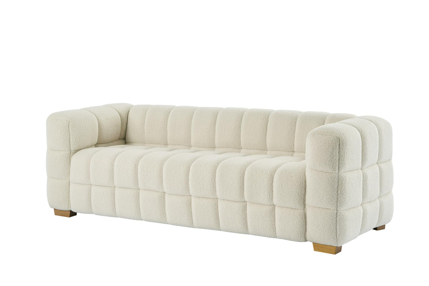 (Beige) Wide Square Arm Teddy Velvet Rectangular Sofa, 2 Pillows