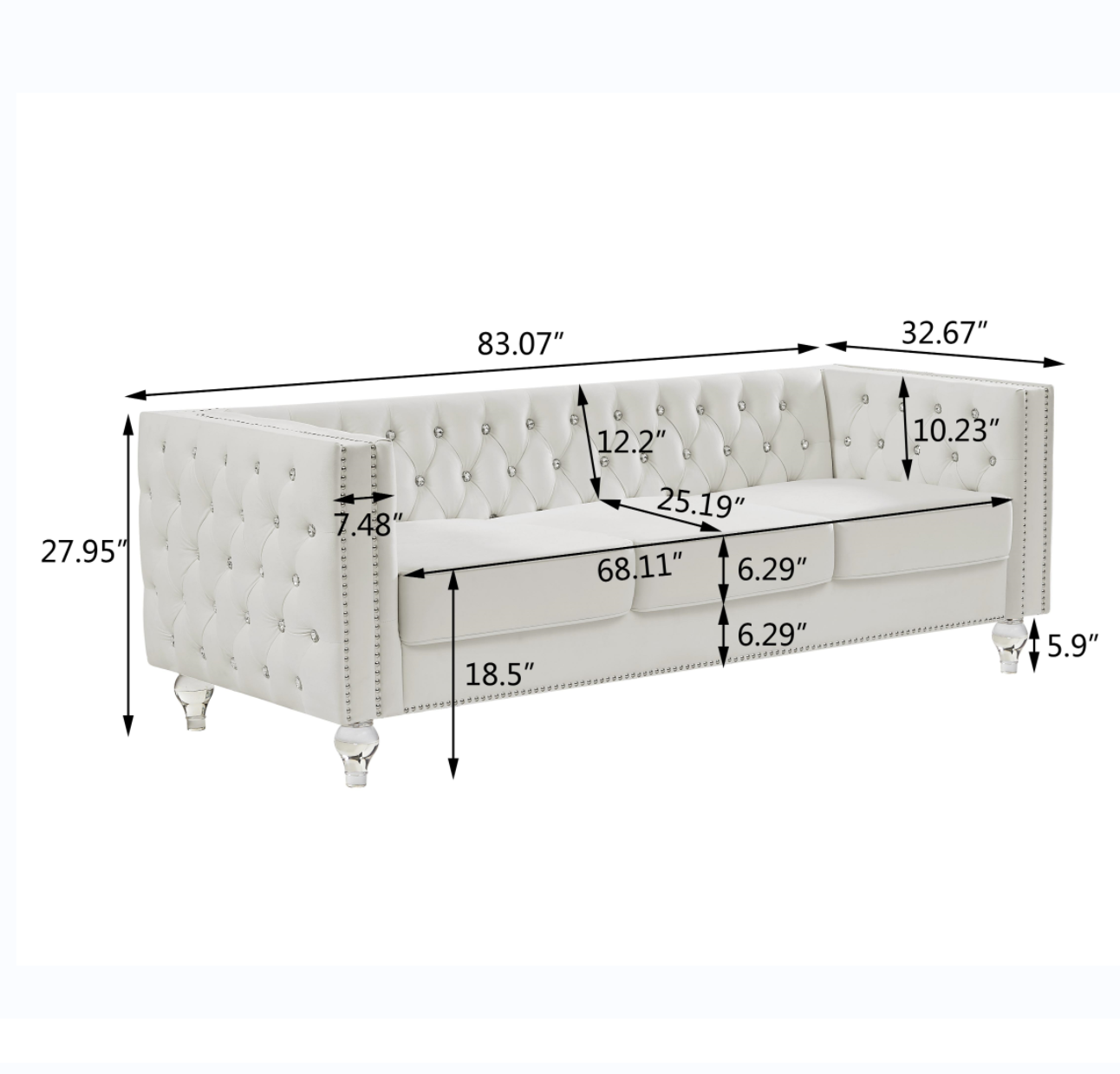 Beige, Three-seater Sofa, Velvet Crystal Buckle Upholstery Sofa, Crystal Feet, Removable Cushion, Two Plush Pillow