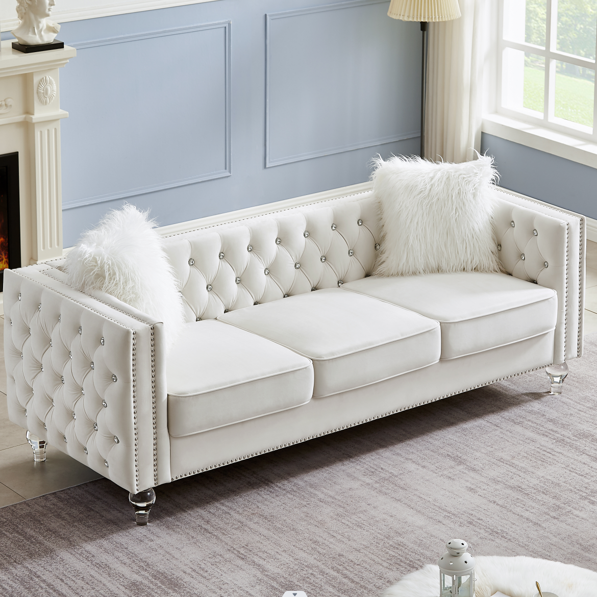 Beige, Three-seater Sofa, Velvet Crystal Buckle Upholstery Sofa, Crystal Feet, Removable Cushion, Two Plush Pillow