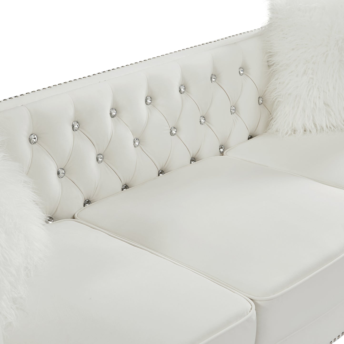 Beige, Three-seater Sofa, Velvet Crystal Buckle Upholstery Sofa, Crystal Feet, Removable Cushion, Two Plush Pillow