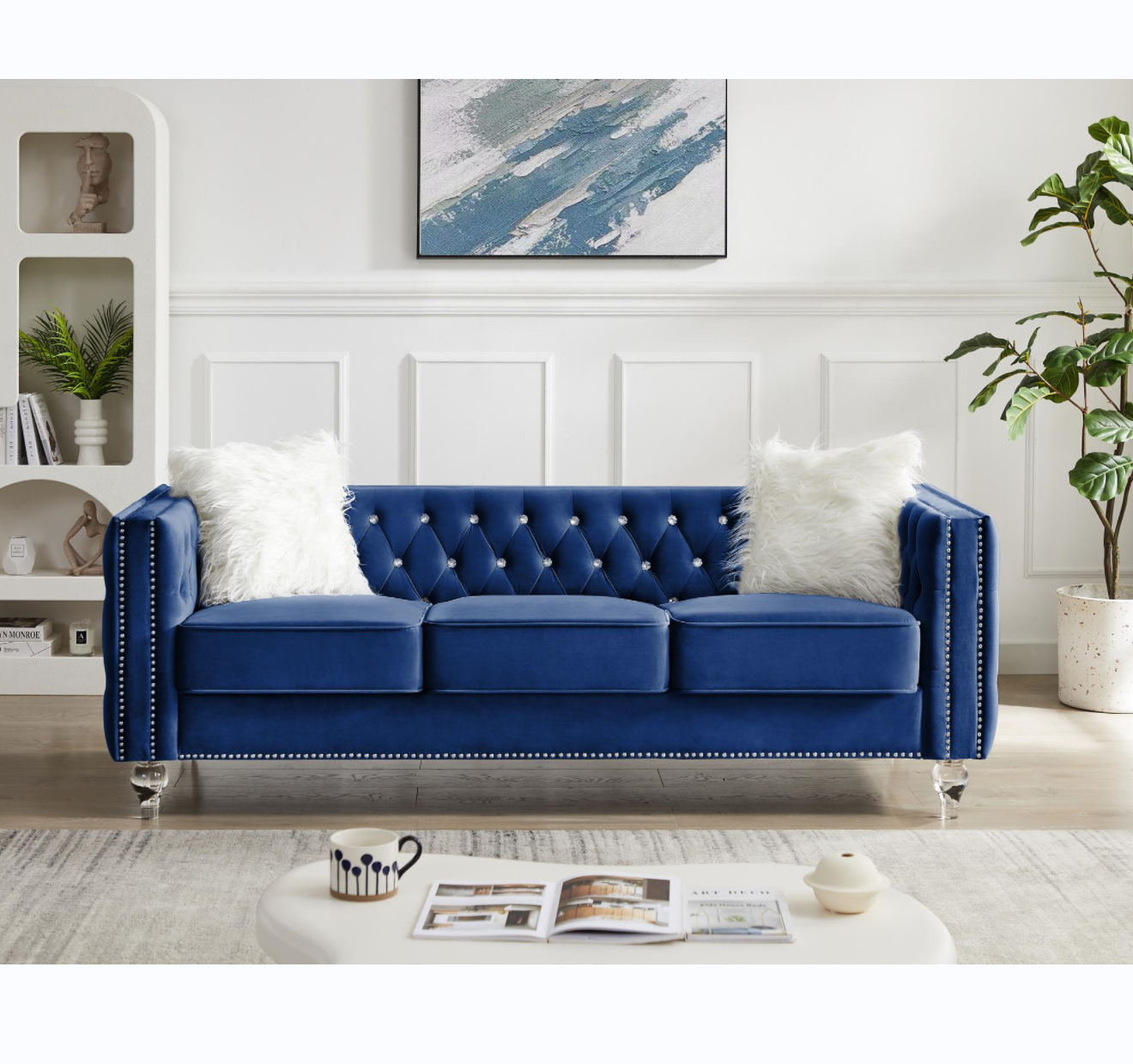 Beige, Three-seater Sofa, Velvet Crystal Buckle Upholstery Sofa, Crystal Feet, Removable Cushion, Two Plush Pillow