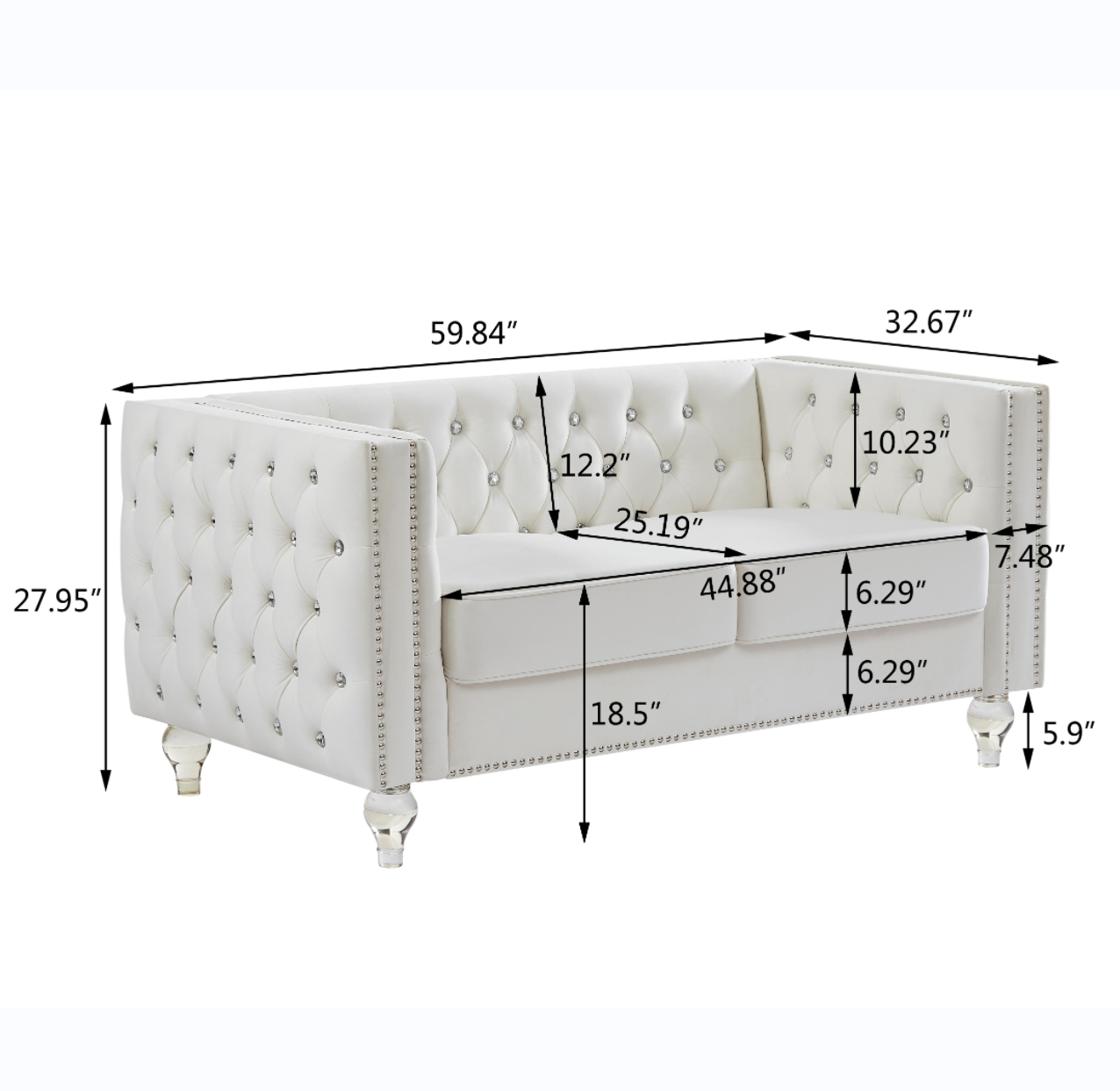 Beige, Two-seater Sofa, Velvet Crystal Buckle Upholstery Sofa, Crystal Feet, Removable Cushion, Two Plush Pillow