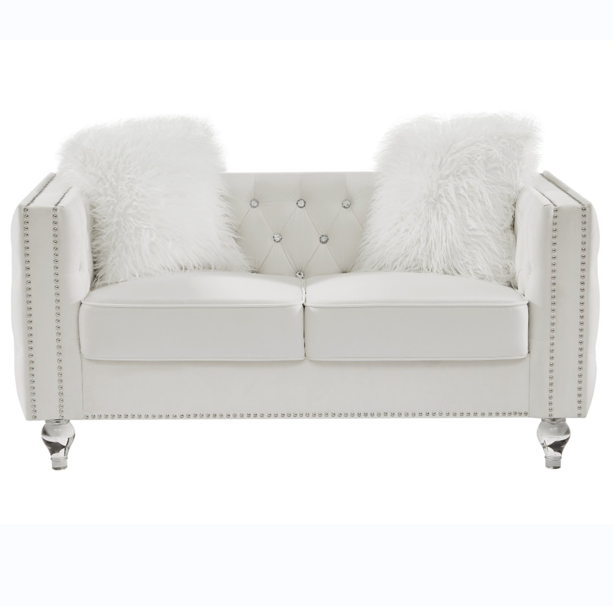 Beige, Two-seater Sofa, Velvet Crystal Buckle Upholstery Sofa, Crystal Feet, Removable Cushion, Two Plush Pillow