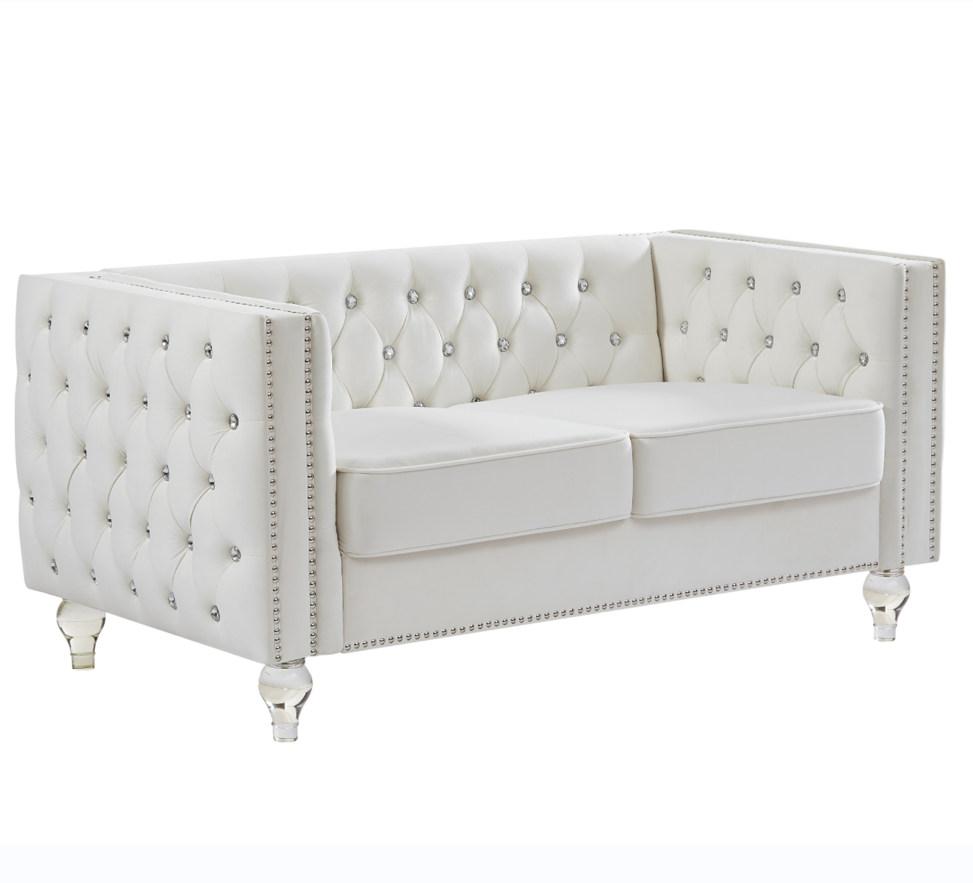 Beige, Two-seater Sofa, Velvet Crystal Buckle Upholstery Sofa, Crystal Feet, Removable Cushion, Two Plush Pillow