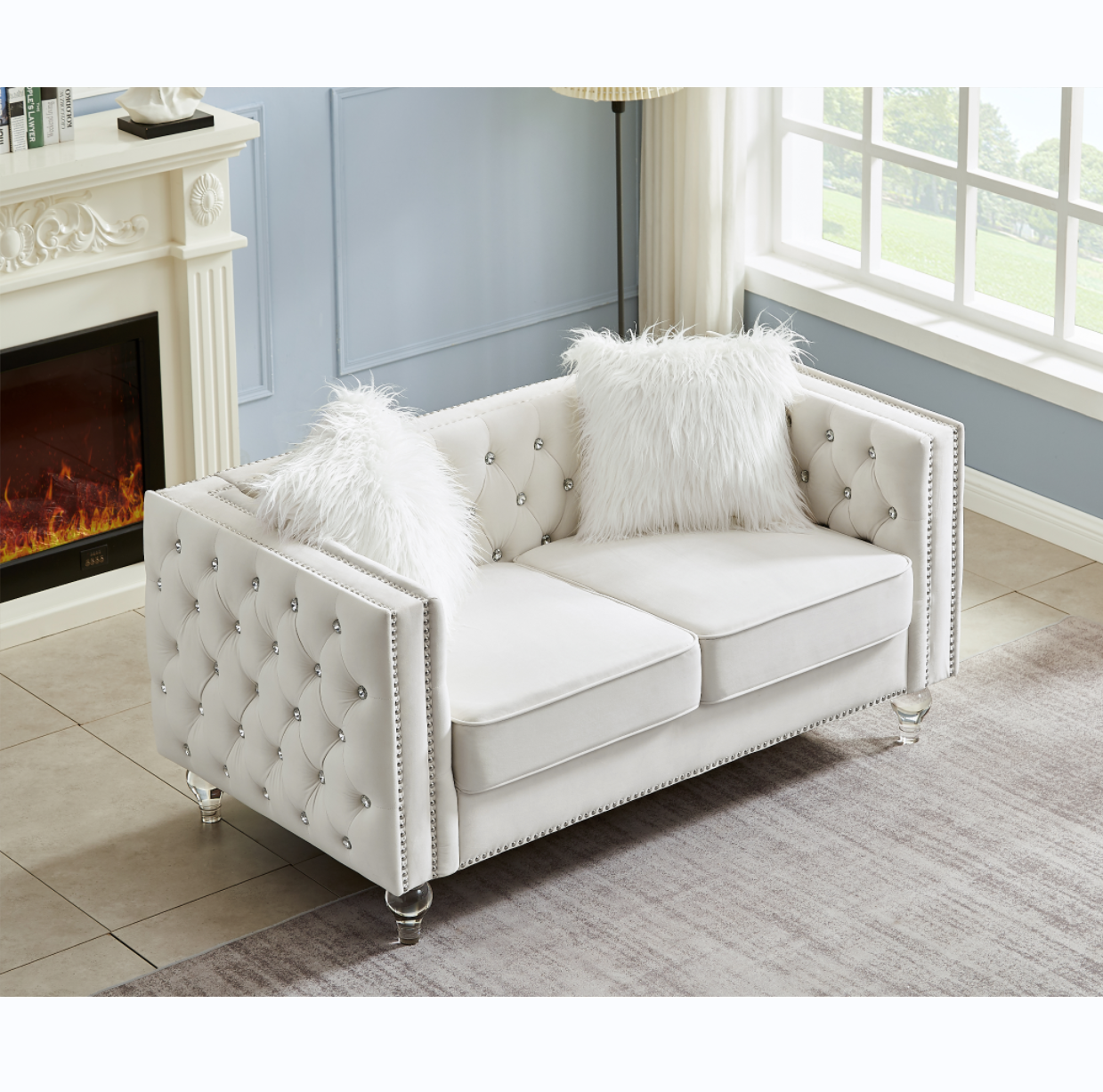 Beige, Two-seater Sofa, Velvet Crystal Buckle Upholstery Sofa, Crystal Feet, Removable Cushion, Two Plush Pillow