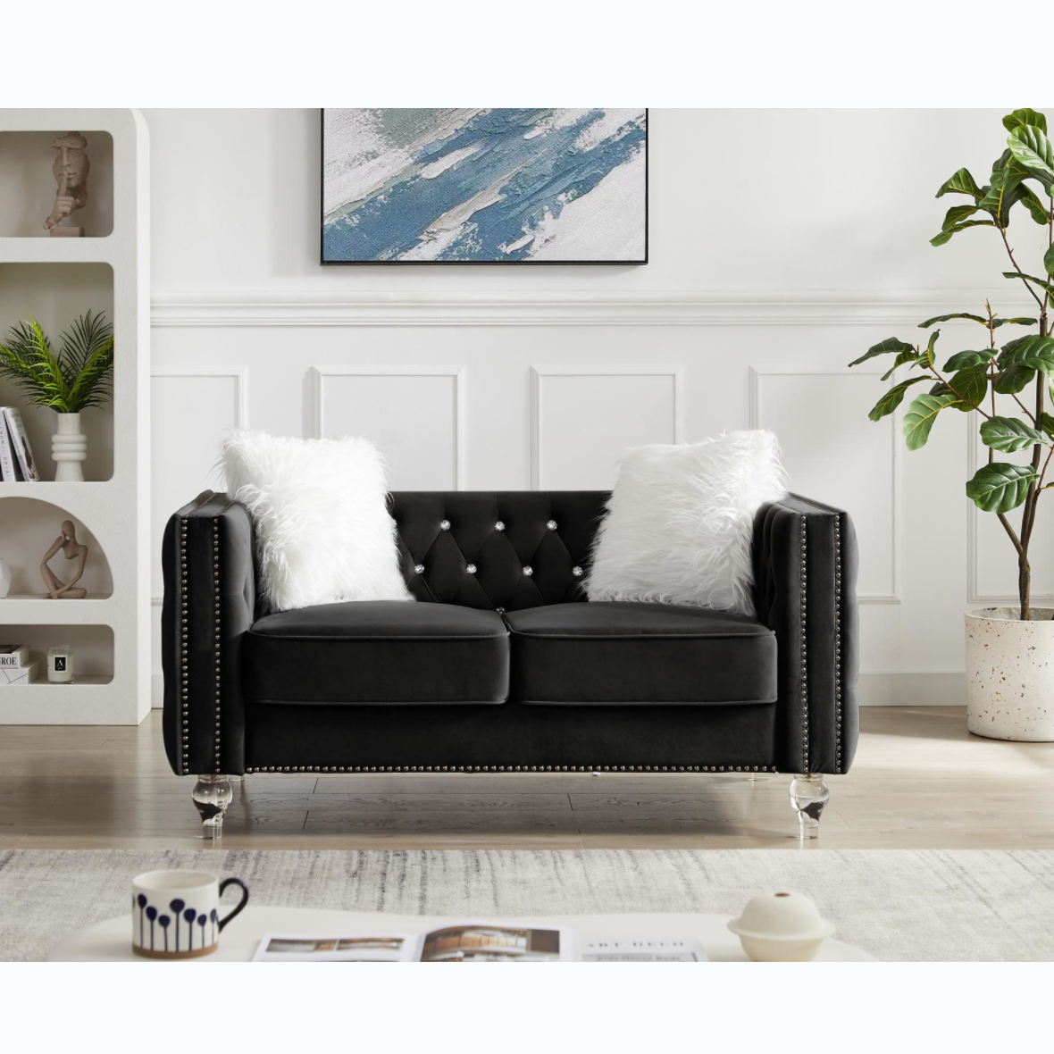 Beige, Two-seater Sofa, Velvet Crystal Buckle Upholstery Sofa, Crystal Feet, Removable Cushion, Two Plush Pillow