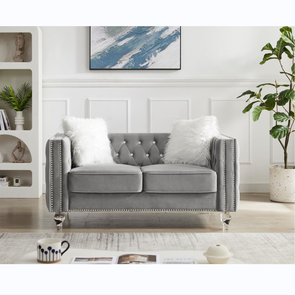 Beige, Two-seater Sofa, Velvet Crystal Buckle Upholstery Sofa, Crystal Feet, Removable Cushion, Two Plush Pillow