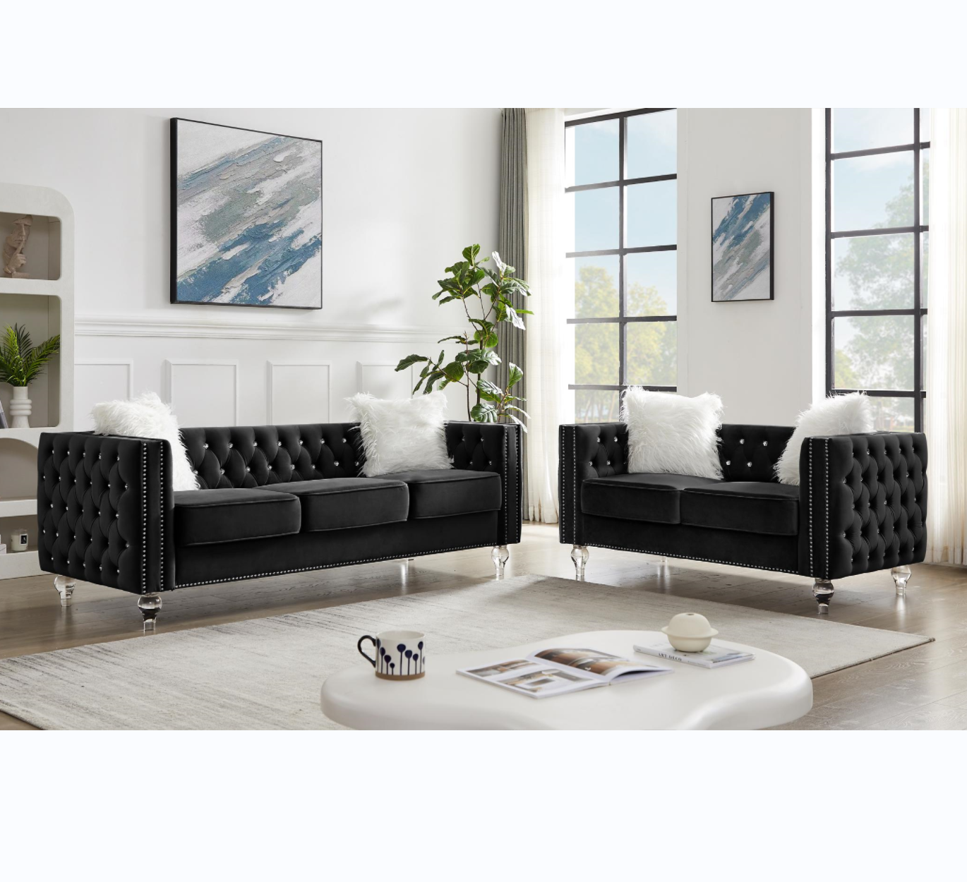 Beige, 2+3 Seat Sofa Set, Velvet Crystal Buckle Upholstery Sofa, Crystal Feet, Removable Cushion, Four Plush Pillow