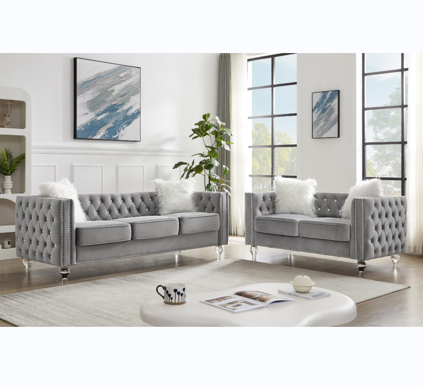 Beige, 2+3 Seat Sofa Set, Velvet Crystal Buckle Upholstery Sofa, Crystal Feet, Removable Cushion, Four Plush Pillow