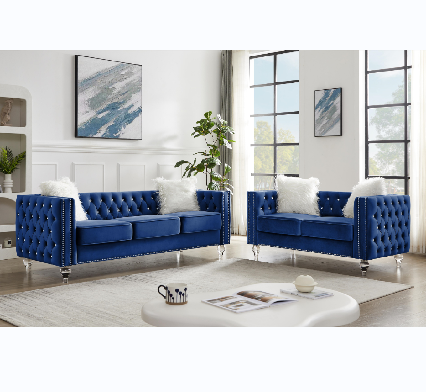Beige, 2+3 Seat Sofa Set, Velvet Crystal Buckle Upholstery Sofa, Crystal Feet, Removable Cushion, Four Plush Pillow