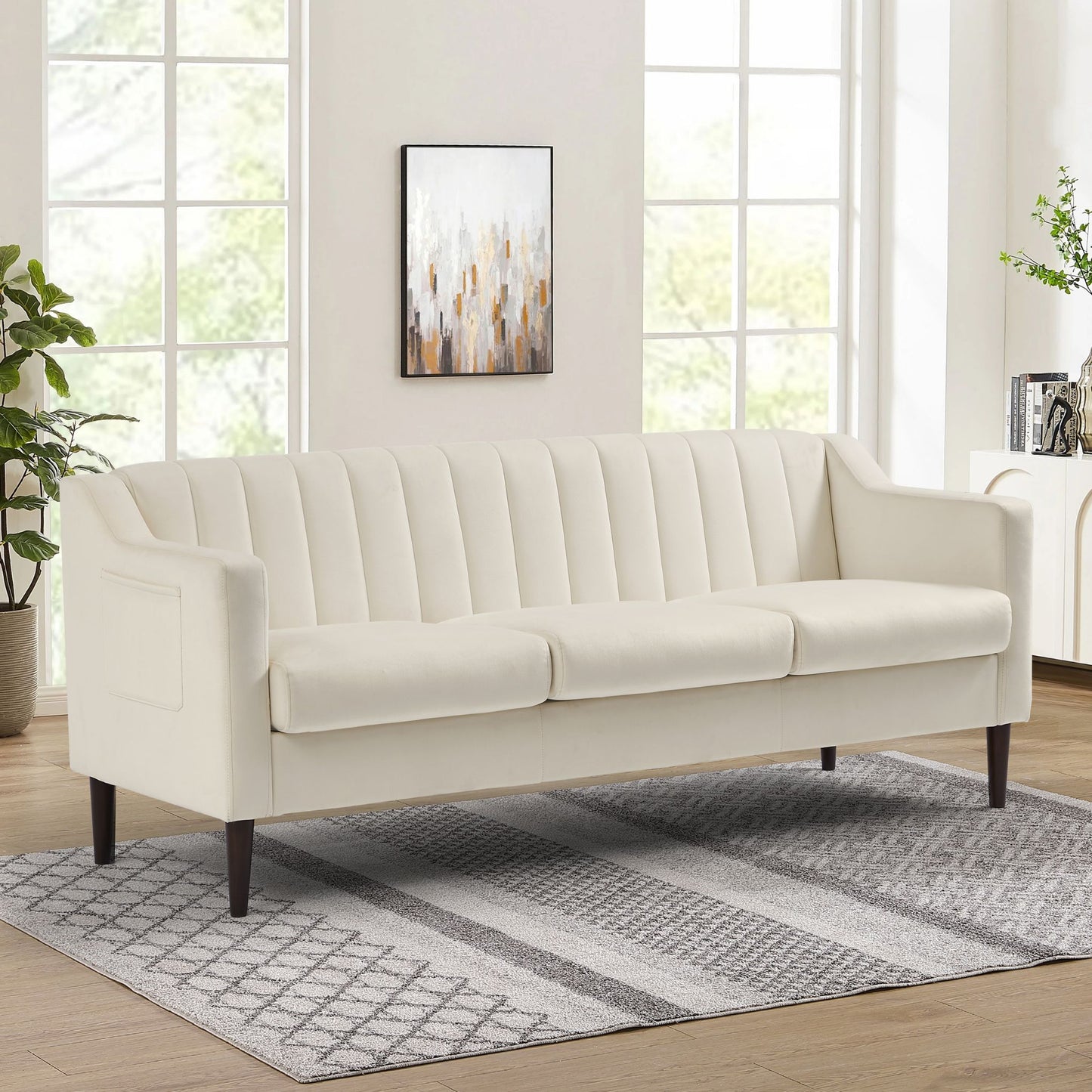 Modern Chesterfield Sofa, Comfortable Upholstered Sofa, Velvet Fabric, Wooden Frame with Wooden Legs, Suitable for Living Room/Bedroom/Office, 3 Seat Sofa - Black