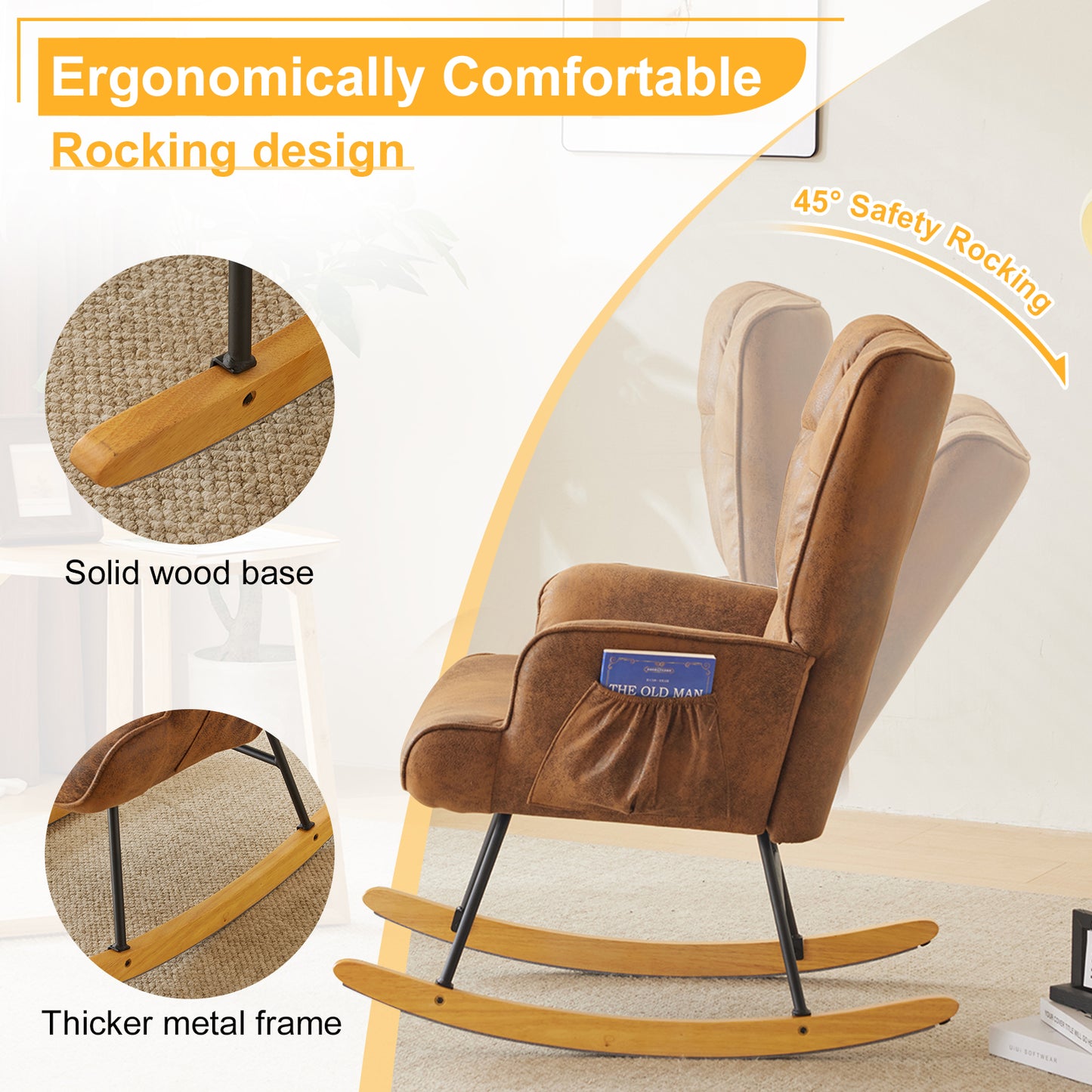 Rocking Chair Nursery, Upholstered Glider Rocker with High Backrest, Stylish Modern Rocking Accent Chair Glider Recliner for Living Room Nursery Bedroom, Brown