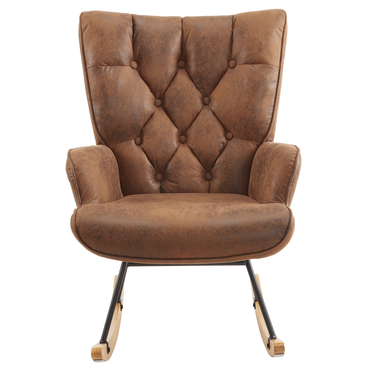 Rocking Chair Nursery, Upholstered Glider Rocker with High Backrest, Stylish Modern Rocking Accent Chair Glider Recliner for Living Room Nursery Bedroom, Brown