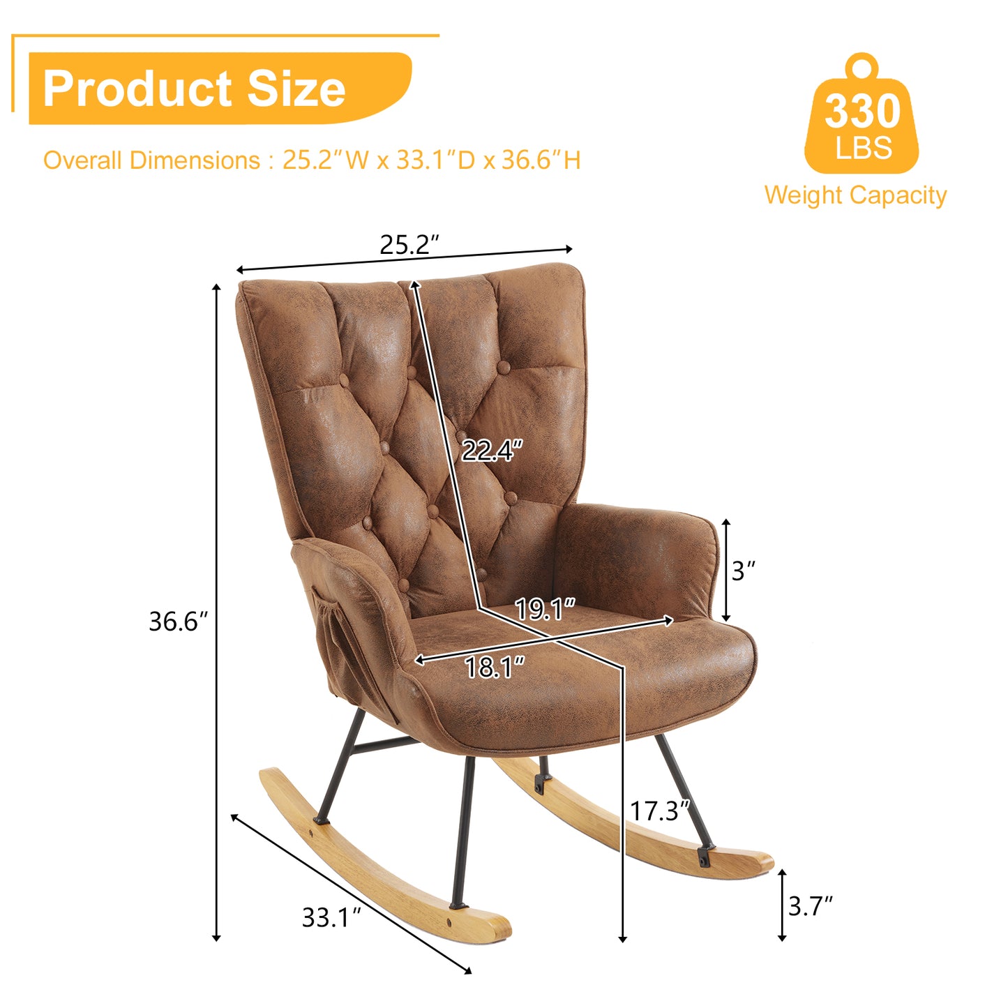 Rocking Chair Nursery, Upholstered Glider Rocker with High Backrest, Stylish Modern Rocking Accent Chair Glider Recliner for Living Room Nursery Bedroom, Brown