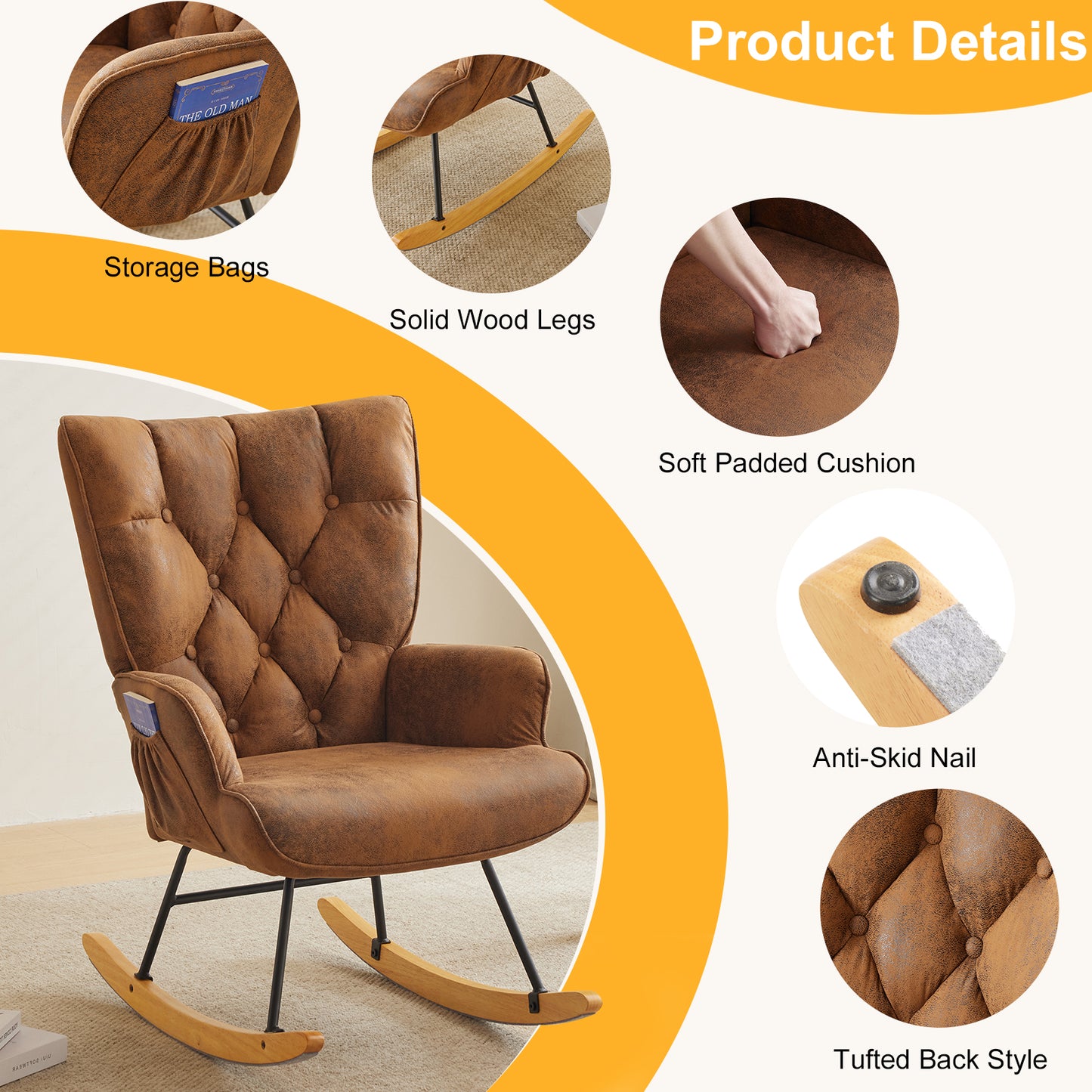 Rocking Chair Nursery, Upholstered Glider Rocker with High Backrest, Stylish Modern Rocking Accent Chair Glider Recliner for Living Room Nursery Bedroom, Brown