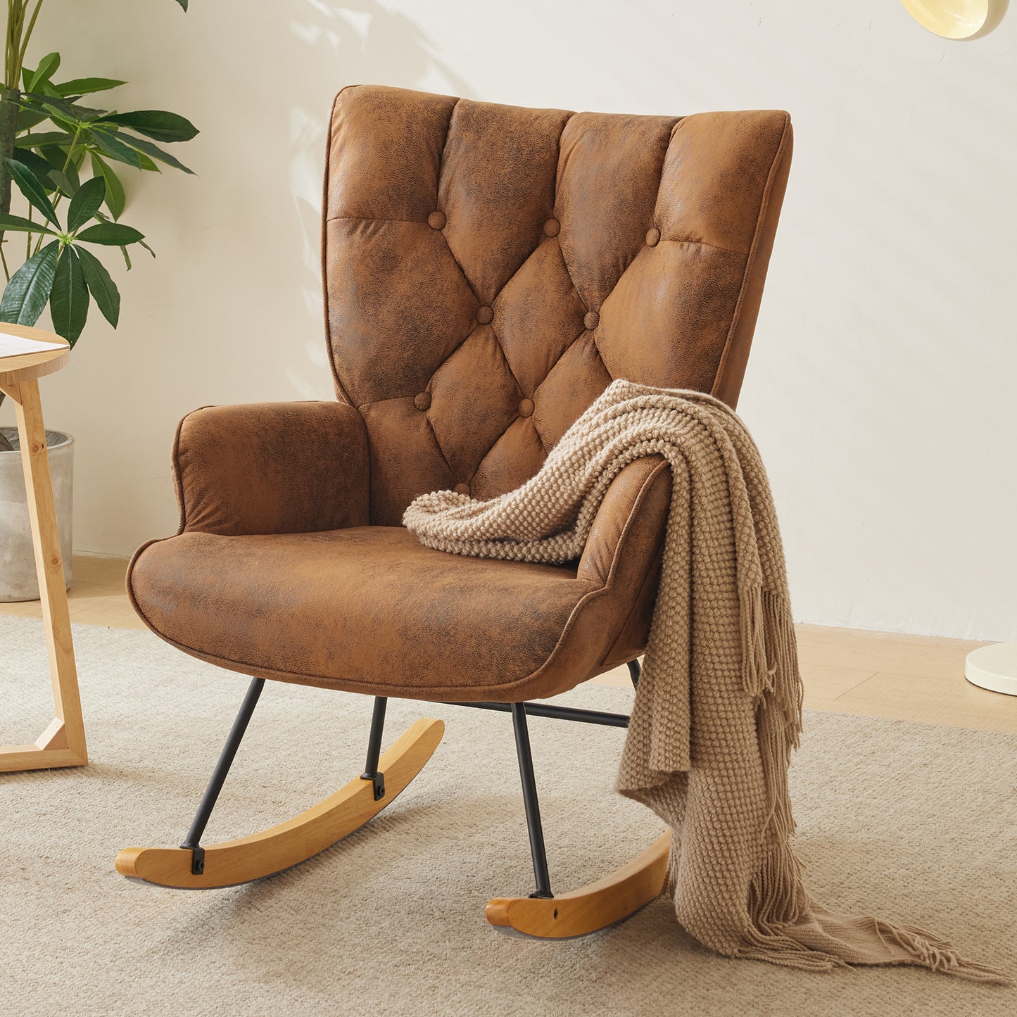 Rocking Chair Nursery, Upholstered Glider Rocker with High Backrest, Stylish Modern Rocking Accent Chair Glider Recliner for Living Room Nursery Bedroom, Brown