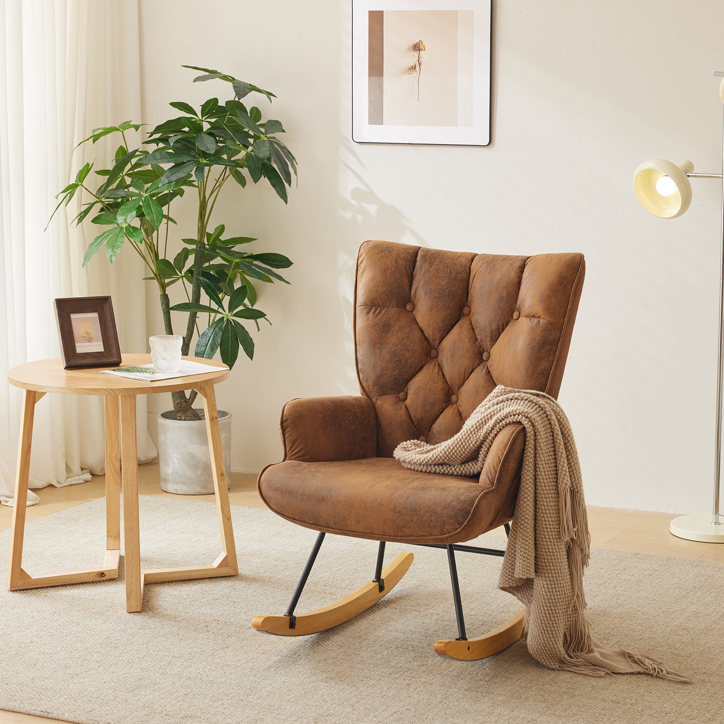 Rocking Chair Nursery, Upholstered Glider Rocker with High Backrest, Stylish Modern Rocking Accent Chair Glider Recliner for Living Room Nursery Bedroom, Brown