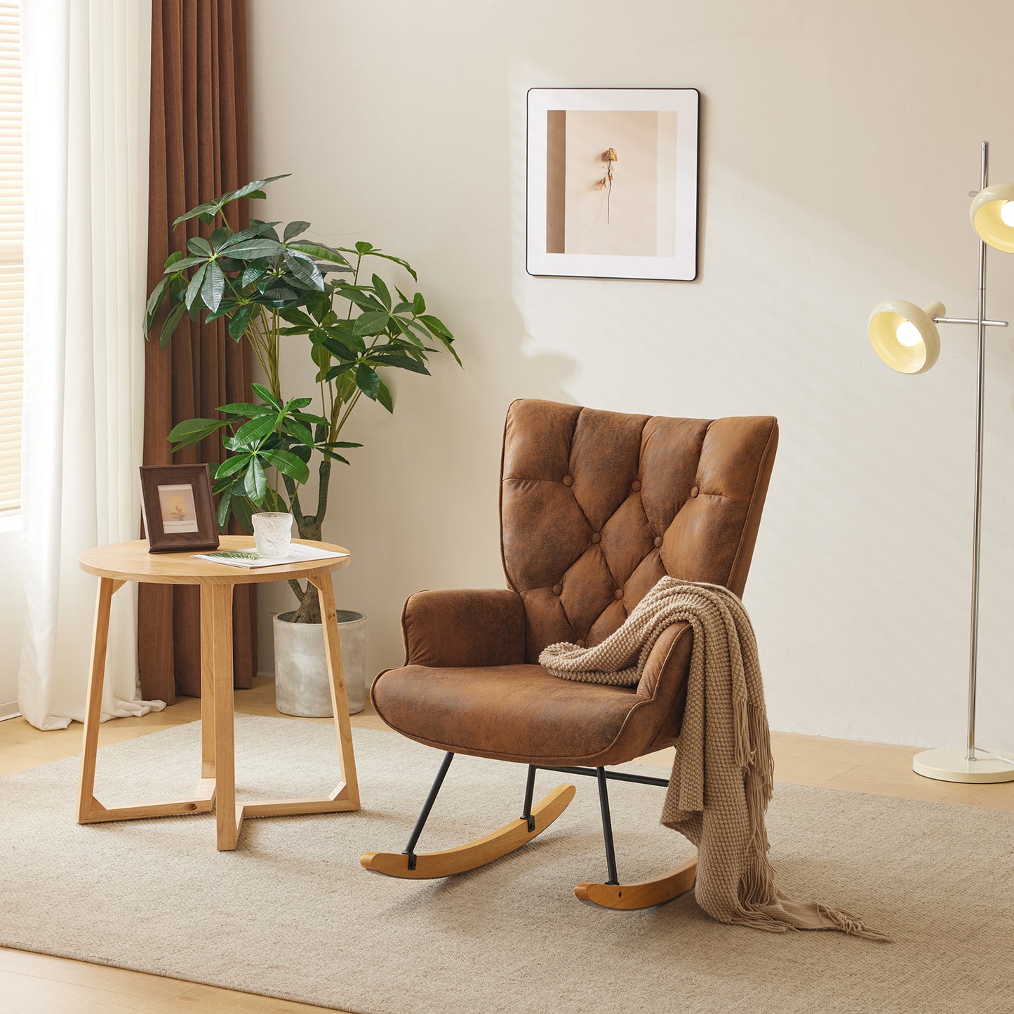 Rocking Chair Nursery, Upholstered Glider Rocker with High Backrest, Stylish Modern Rocking Accent Chair Glider Recliner for Living Room Nursery Bedroom, Brown