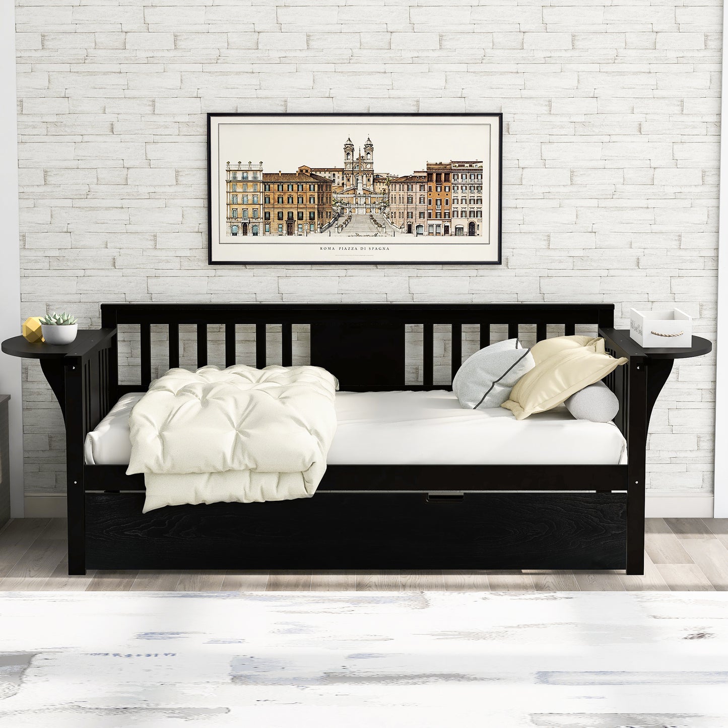 Twin Wooden Daybed with Trundle Bed , Sofa Bed for Bedroom Living Room, Espresso