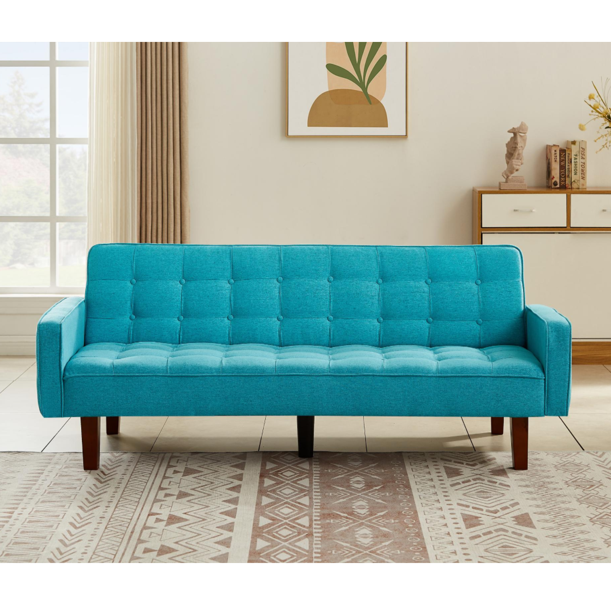 Beige, Linen Futon Sofa Bed 73.62 Inch Fabric Upholstered Convertible Sofa Bed, Minimalist Style for Living Room, Bedroom.