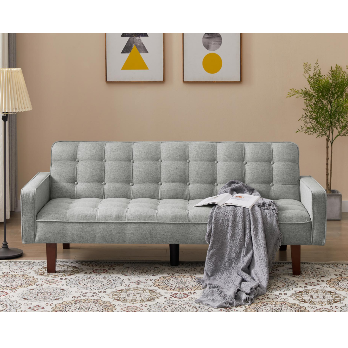 Beige, Linen Futon Sofa Bed 73.62 Inch Fabric Upholstered Convertible Sofa Bed, Minimalist Style for Living Room, Bedroom.