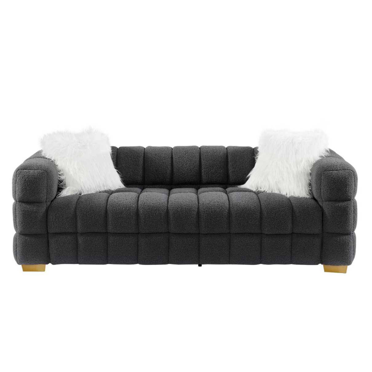 (Grey) Wide Square Arm Teddy Velvet Rectangular Sofa, 2 Pillows