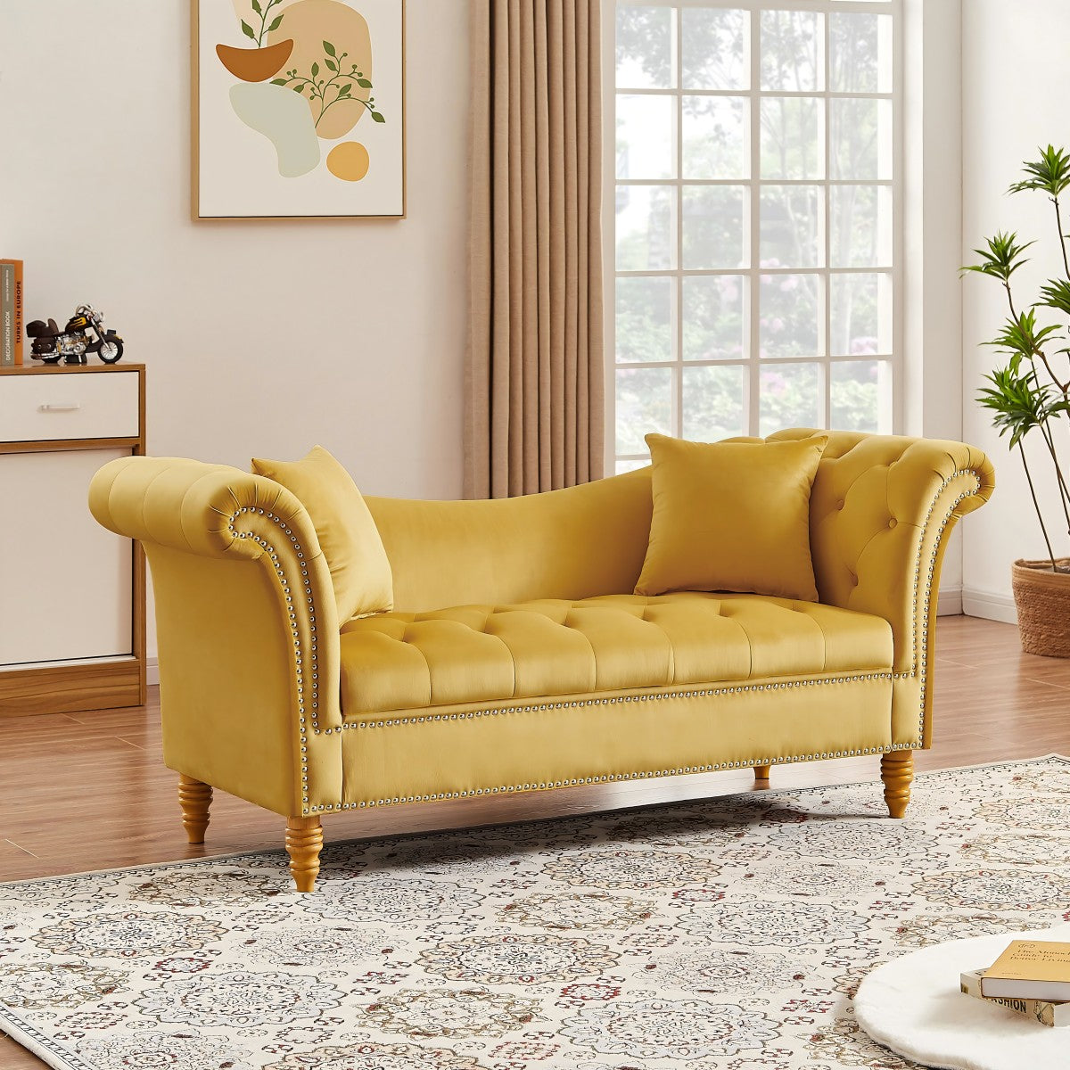 Velvet Sofa Stool with 2 Pillows in Beige, With Storage Space, Suitable for Living Room And Lounge