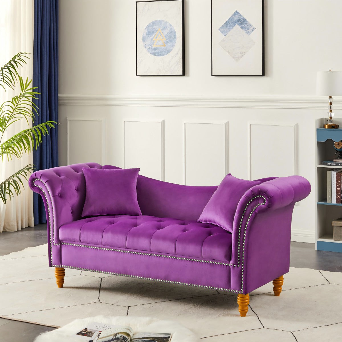 Velvet Sofa Stool with 2 Pillows in Beige, With Storage Space, Suitable for Living Room And Lounge