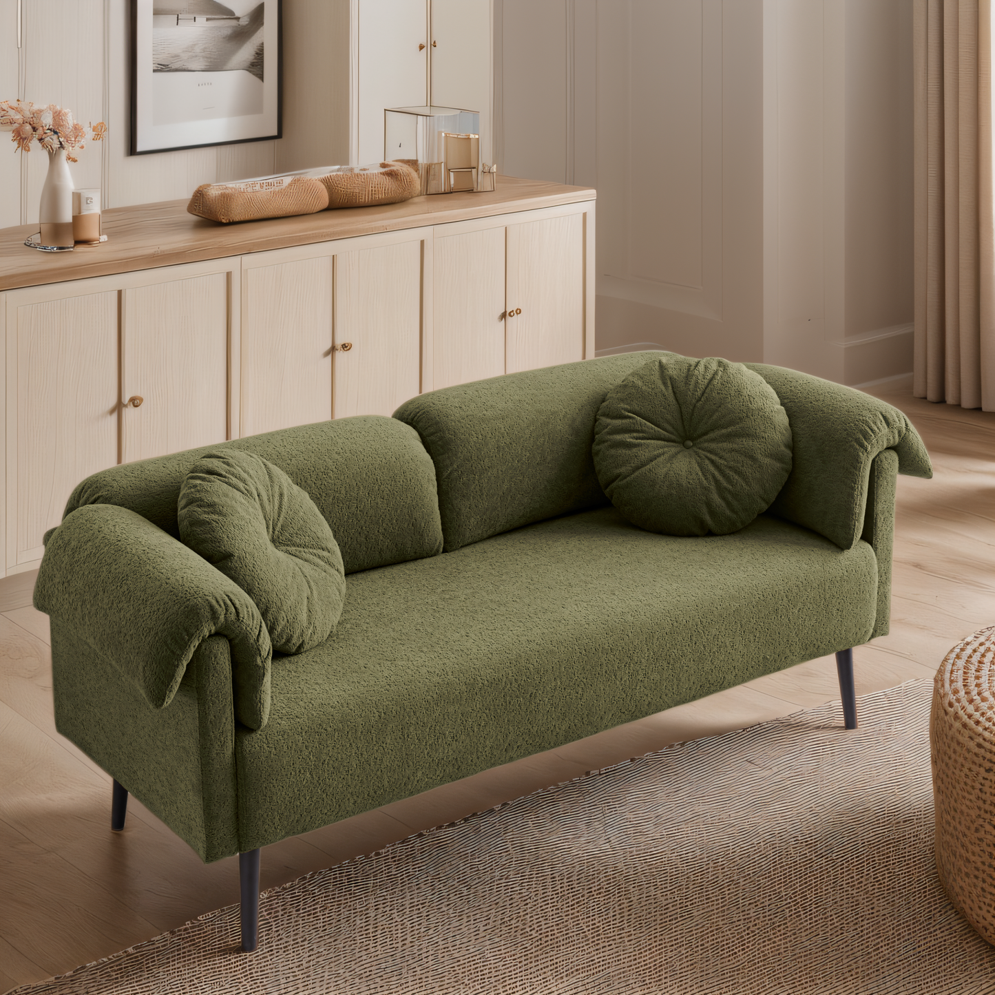 68.5" Modern Lamb Wool Sofa With Decorative Throw Pillows for Small Spaces