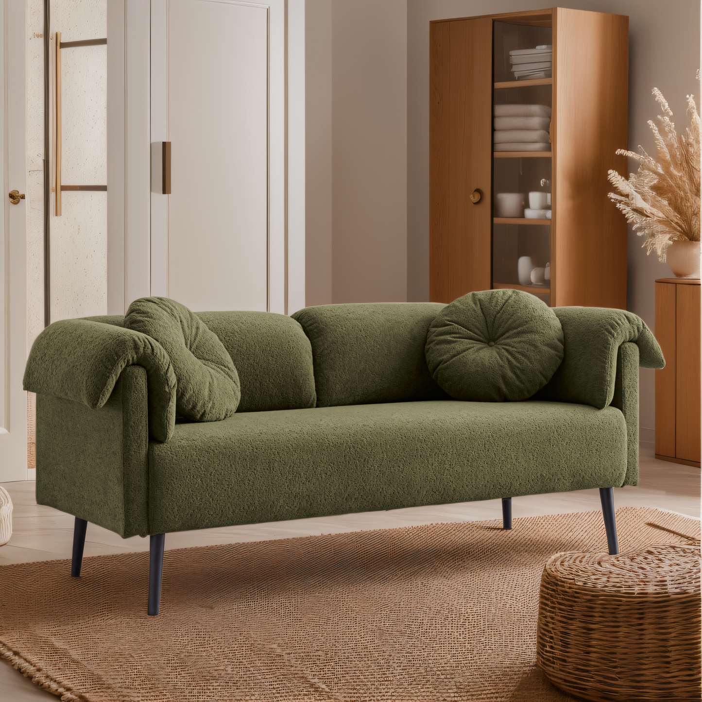 68.5" Modern Lamb Wool Sofa With Decorative Throw Pillows for Small Spaces
