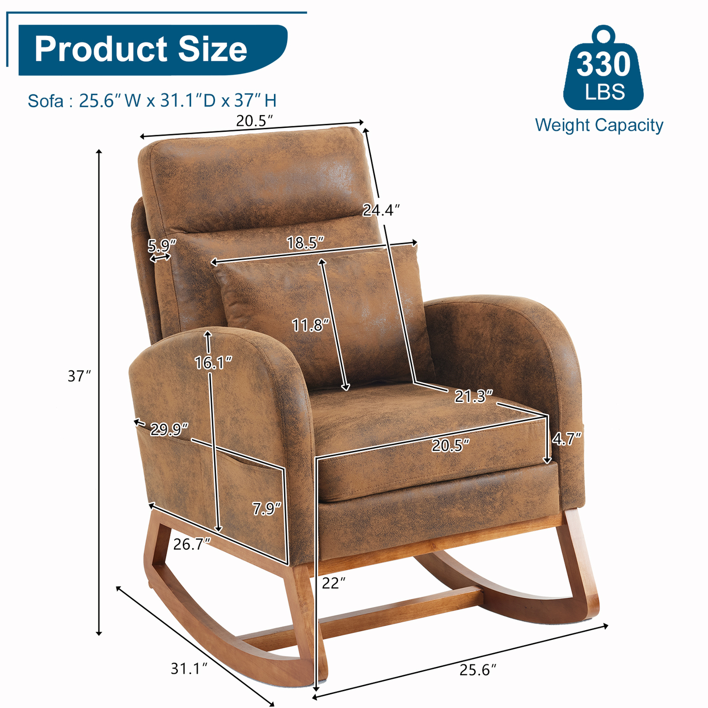 Rustic Microfiber Nursery Rocking Chair with Thick Headrest, Upholstered Mid-century Modern Nursing Rocker Glider with Curved Armrest, Sturdy Solid Wood Base for Living Room, Bedroom, Baby Room