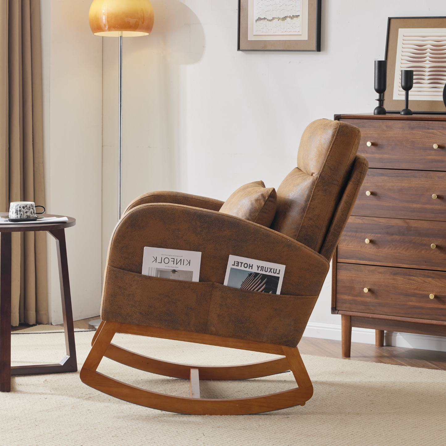 Rustic Microfiber Nursery Rocking Chair with Thick Headrest, Upholstered Mid-century Modern Nursing Rocker Glider with Curved Armrest, Sturdy Solid Wood Base for Living Room, Bedroom, Baby Room