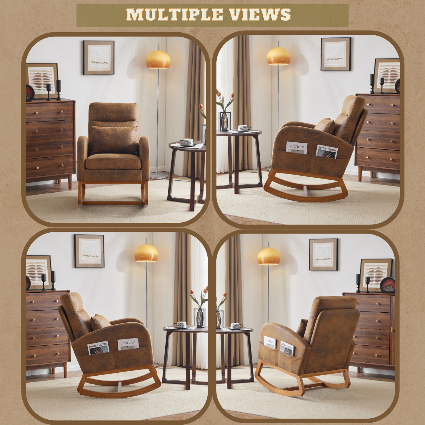 Rustic Microfiber Nursery Rocking Chair with Thick Headrest, Upholstered Mid-century Modern Nursing Rocker Glider with Curved Armrest, Sturdy Solid Wood Base for Living Room, Bedroom, Baby Room