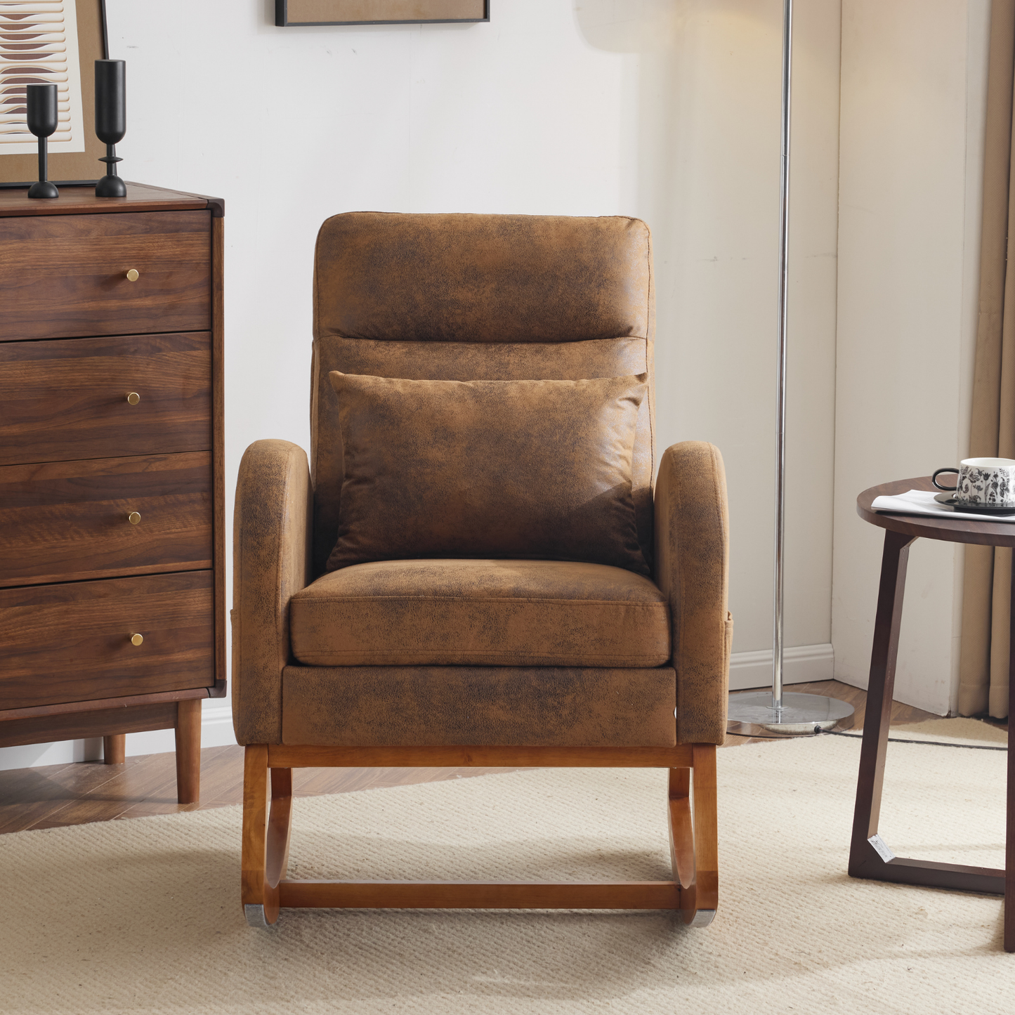 Rustic Microfiber Nursery Rocking Chair with Thick Headrest, Upholstered Mid-century Modern Nursing Rocker Glider with Curved Armrest, Sturdy Solid Wood Base for Living Room, Bedroom, Baby Room