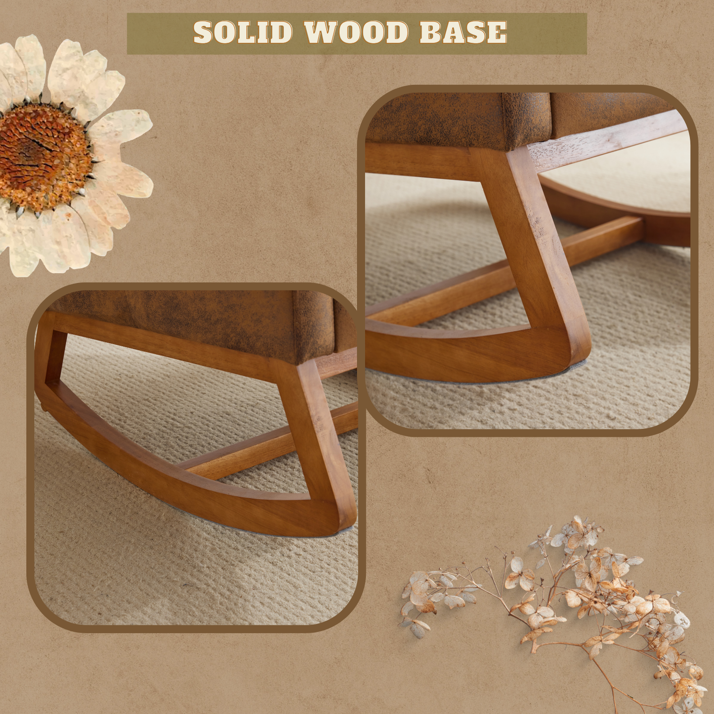 Rustic Microfiber Nursery Rocking Chair with Thick Headrest, Upholstered Mid-century Modern Nursing Rocker Glider with Curved Armrest, Sturdy Solid Wood Base for Living Room, Bedroom, Baby Room