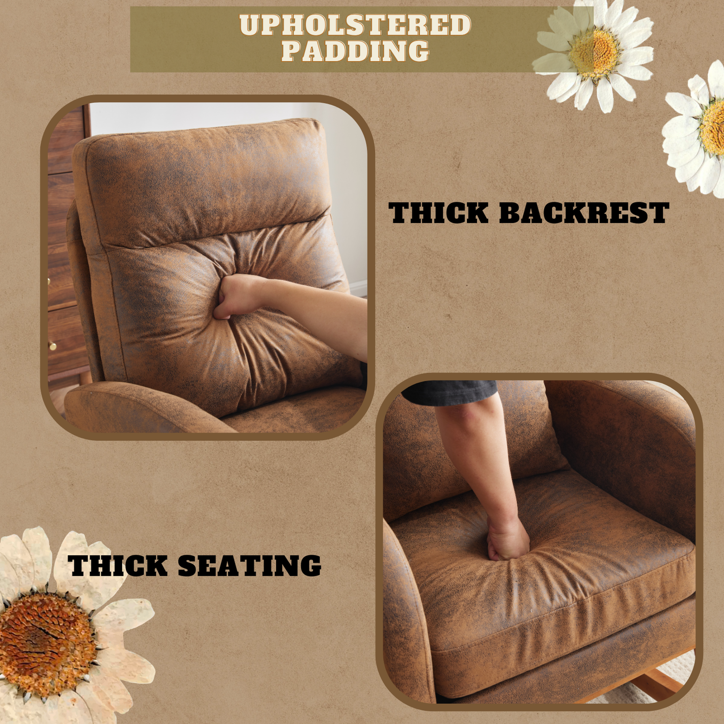 Rustic Microfiber Nursery Rocking Chair with Thick Headrest, Upholstered Mid-century Modern Nursing Rocker Glider with Curved Armrest, Sturdy Solid Wood Base for Living Room, Bedroom, Baby Room