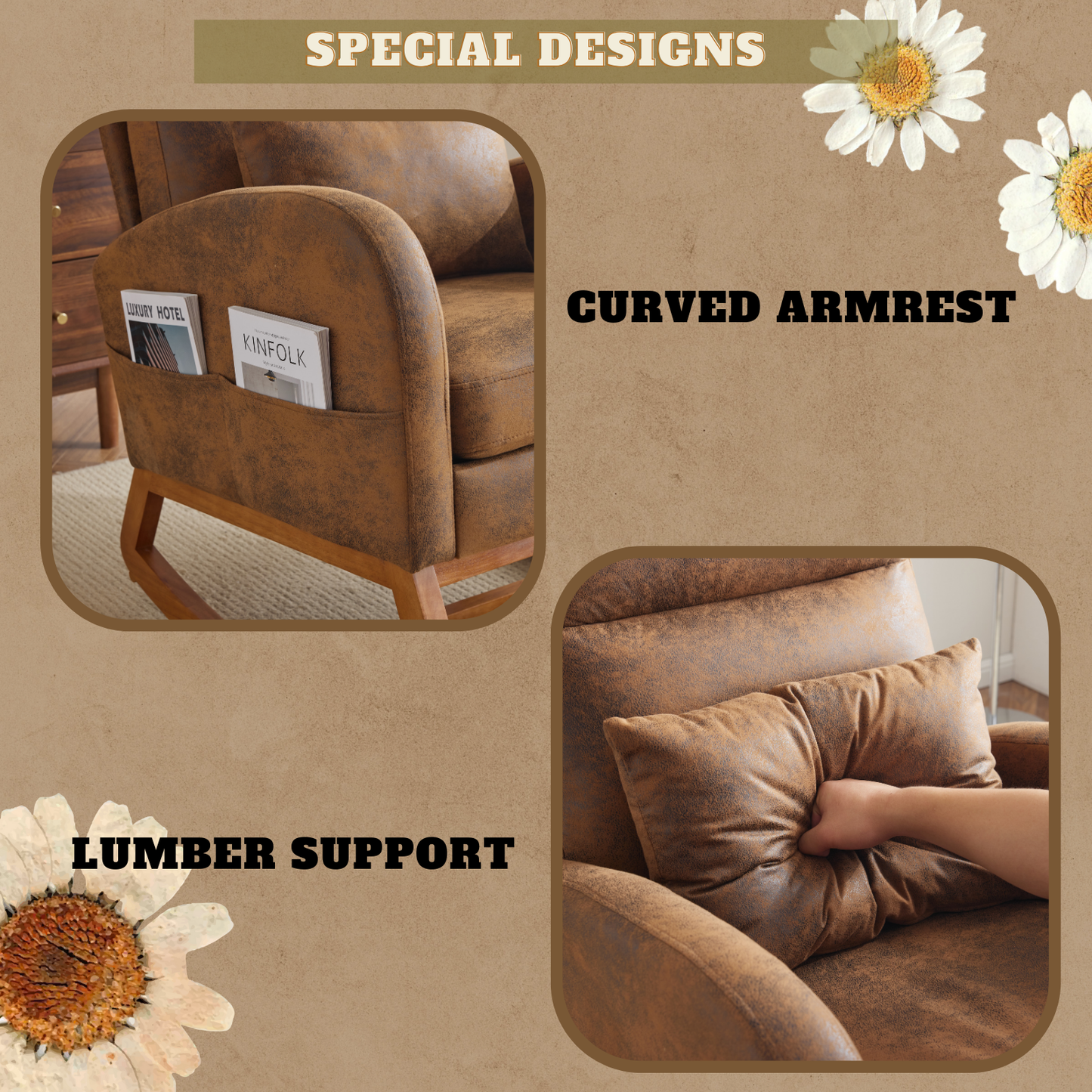 Rustic Microfiber Nursery Rocking Chair with Thick Headrest, Upholstered Mid-century Modern Nursing Rocker Glider with Curved Armrest, Sturdy Solid Wood Base for Living Room, Bedroom, Baby Room