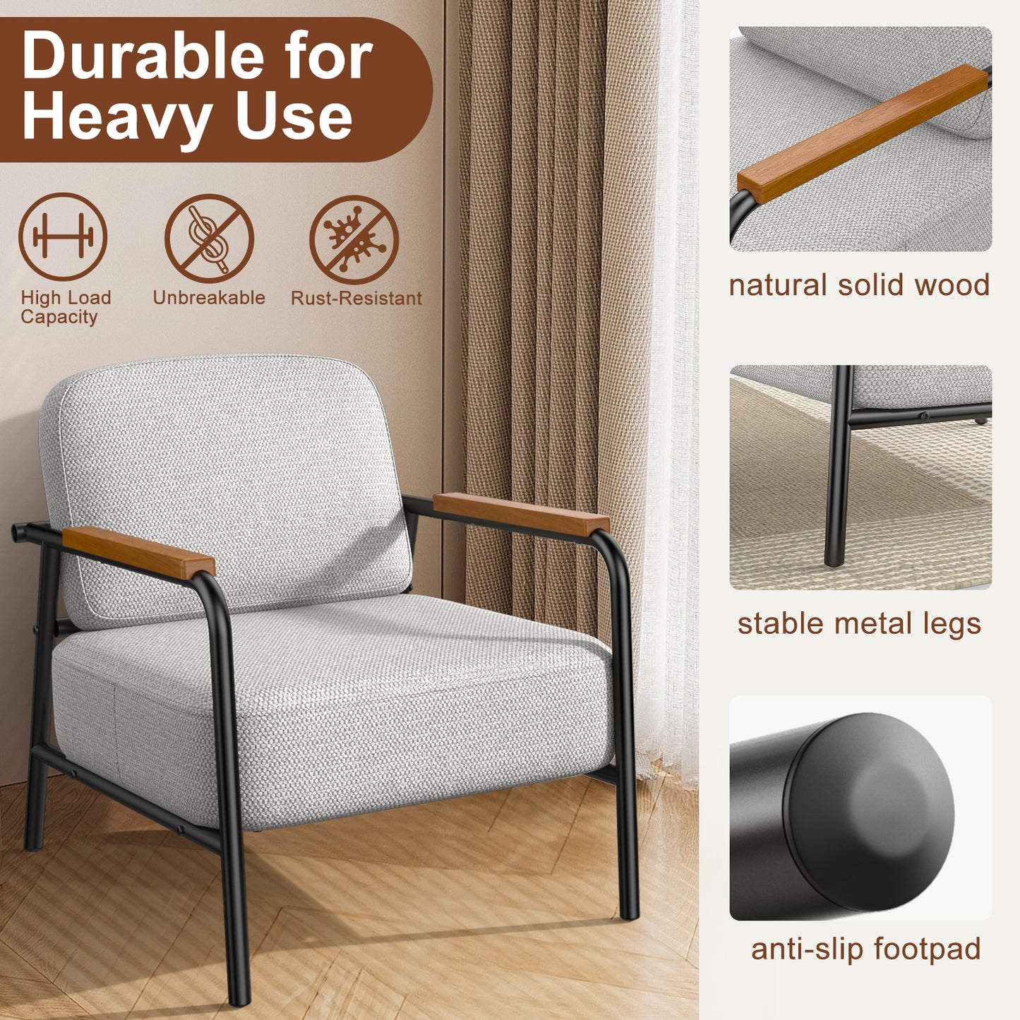 Mid-Century Accent Chair for Living Room - Back Lumbar Support, Upholstered Fabric Armchair with Black Metal Legs, Easy Assembly Side Chair for Bedroom, Office, Reception Room, Corner, Reading, Grey