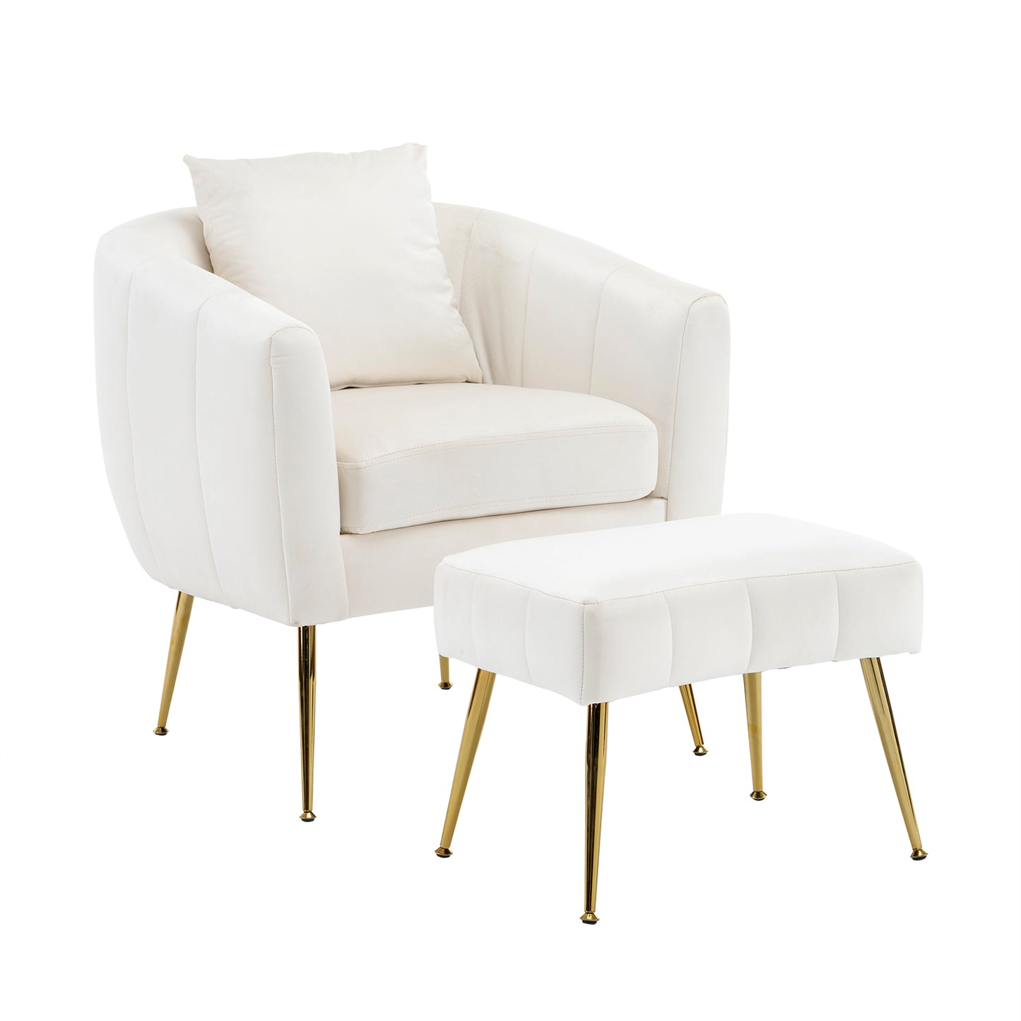 Velvet Accent Chair Set Barrel Chair with Ottoman Modern Club Chair Reading Armchair with Lumbar Pillow for Living Room, Bedroom, Study Room, Home Office Off-White