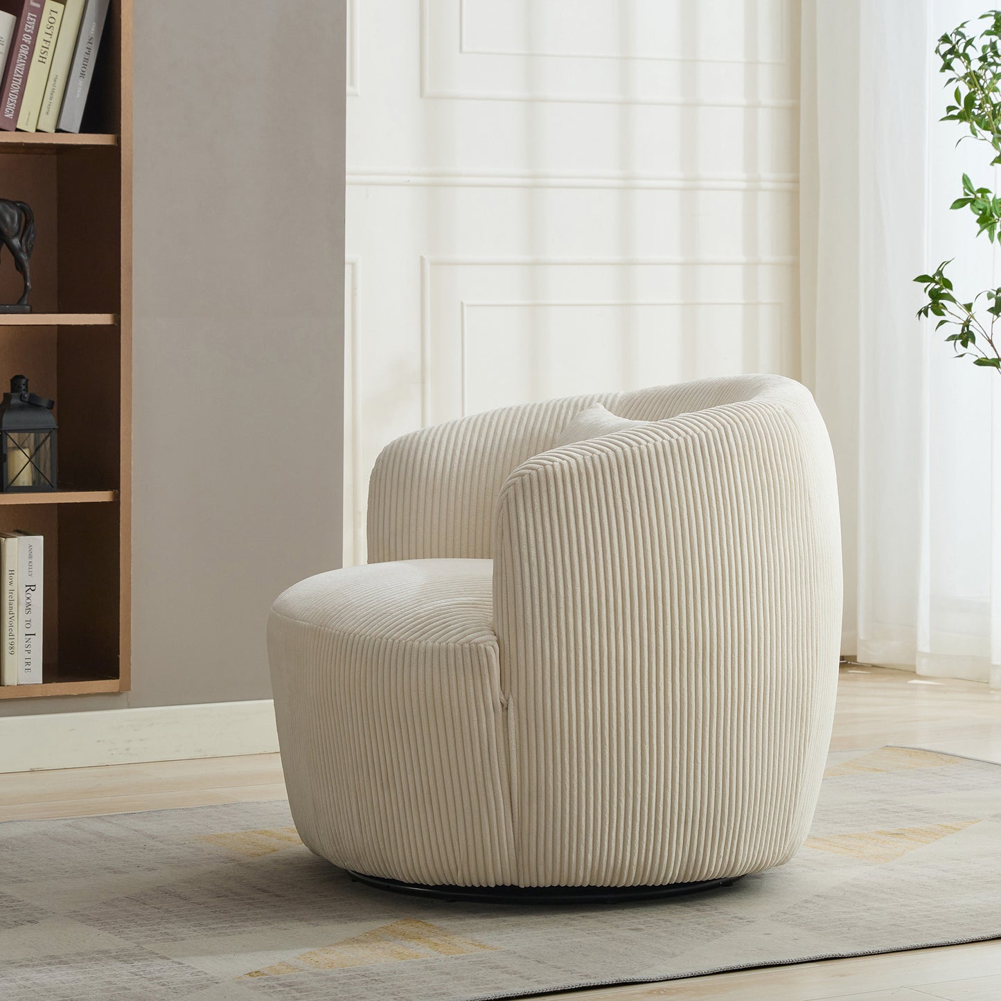 34.25 "Wide Upholstered Corduroy Metal Base 360° Swivel Barrel Soft Chair with Pillow, for Club, Living Room, Bedroom, Office as well as Reading Armchair, Ivory.